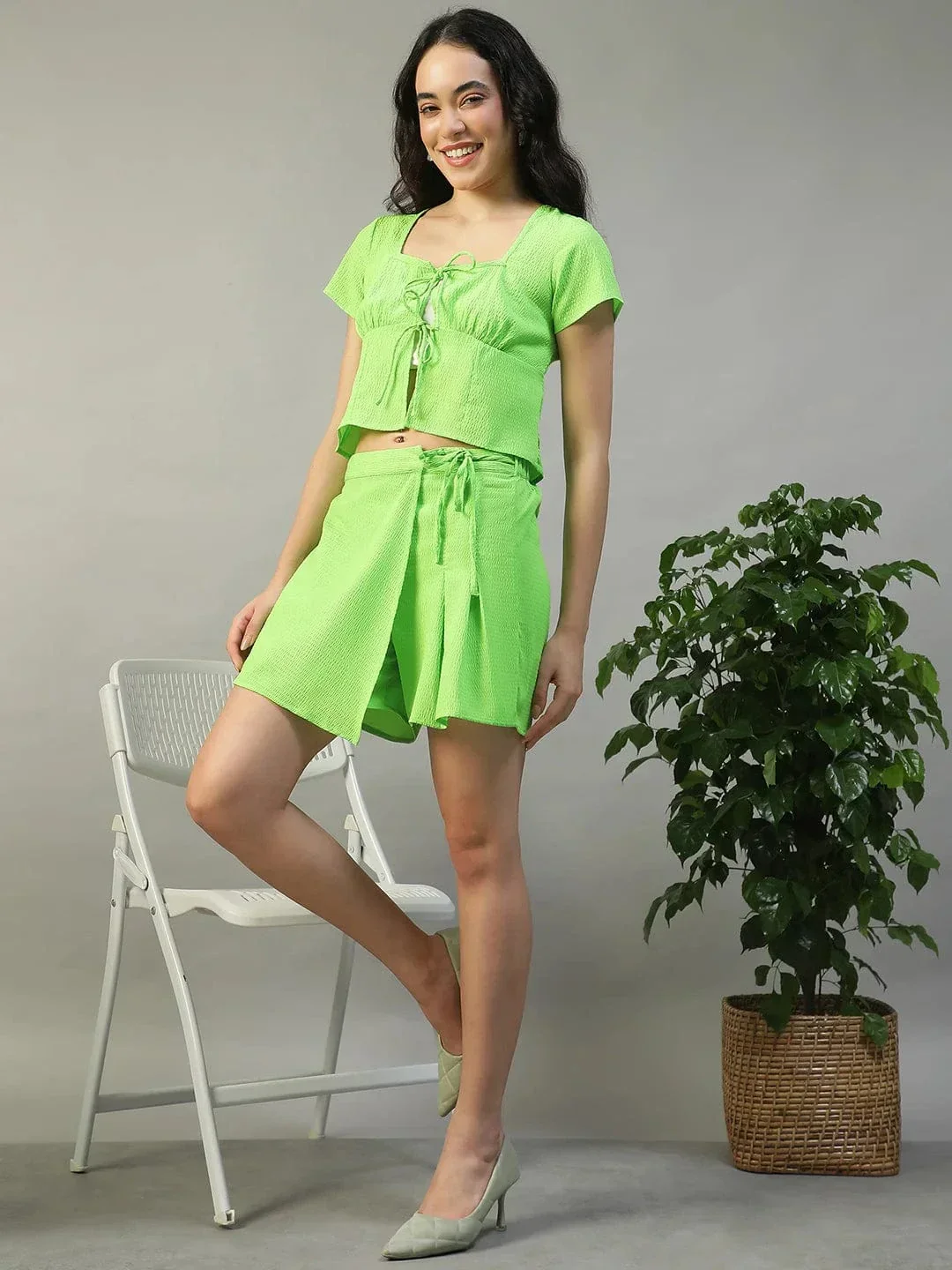 Amazed Solid Green Top & Flap Skort Seersucker Dobby Women Co-ord Set - Image 4