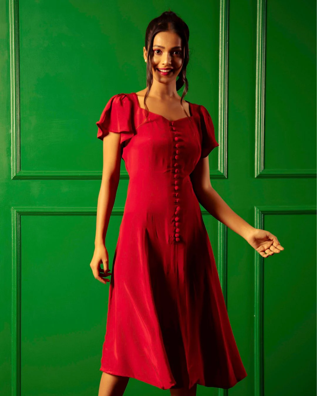 American Crepe A-Neckline Flare Midi Dress - Image 6