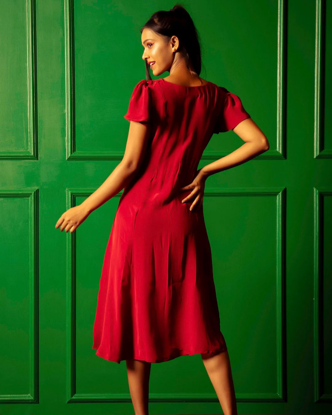 American Crepe A-Neckline Flare Midi Dress - Image 3