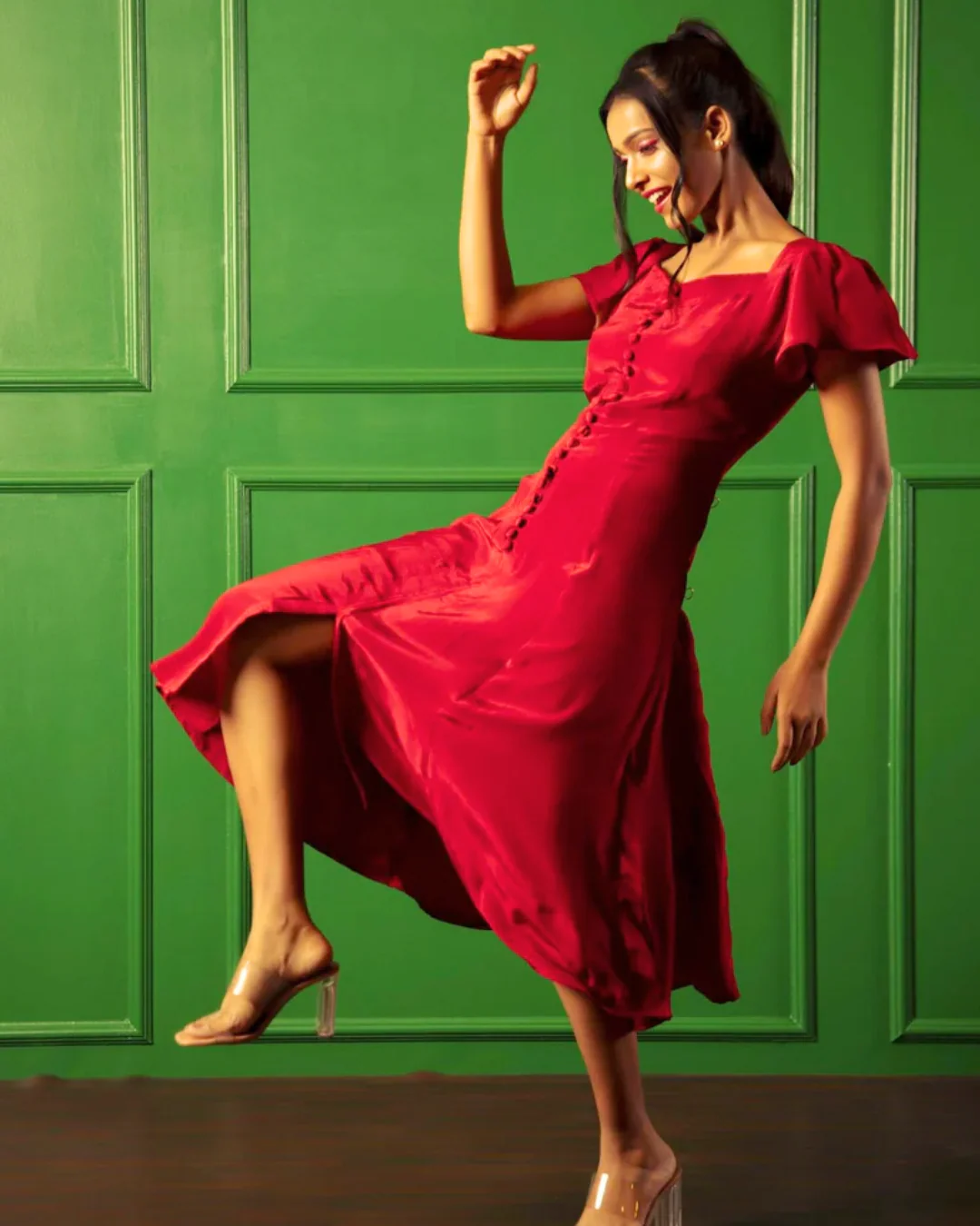 American Crepe A-Neckline Flare Midi Dress - Image 4