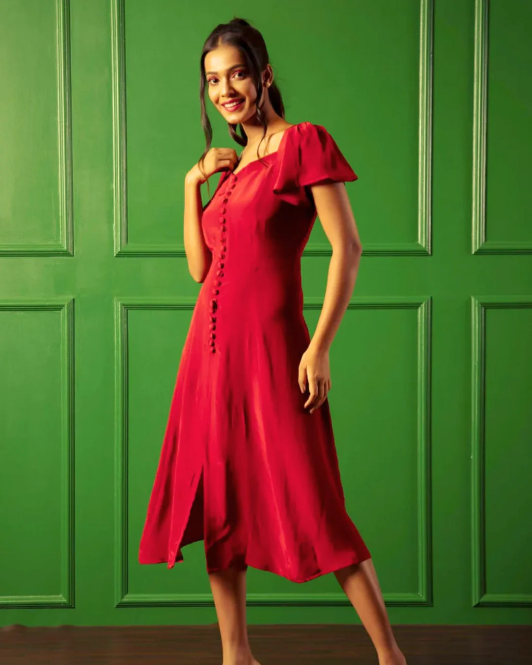 American Crepe A-Neckline Flare Midi Dress - Image 5
