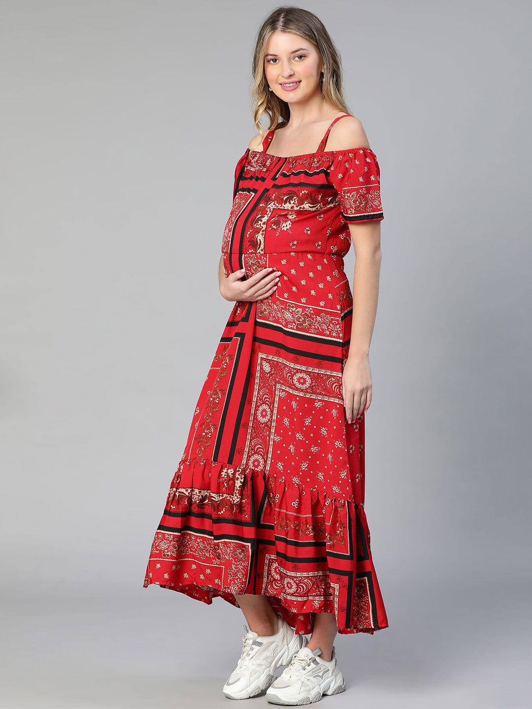 Amplified Red Floral Print Off-Shoulder Maternity Dress For Moms - Image 3