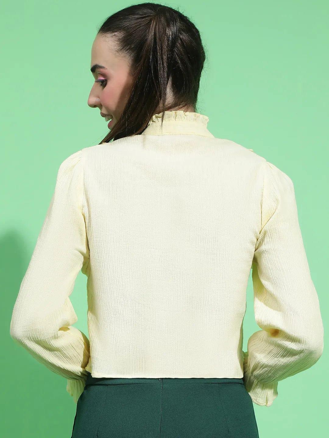 Angelic Yellow Round Neck Ruffle Detailed Cotton Shirt - Image 5