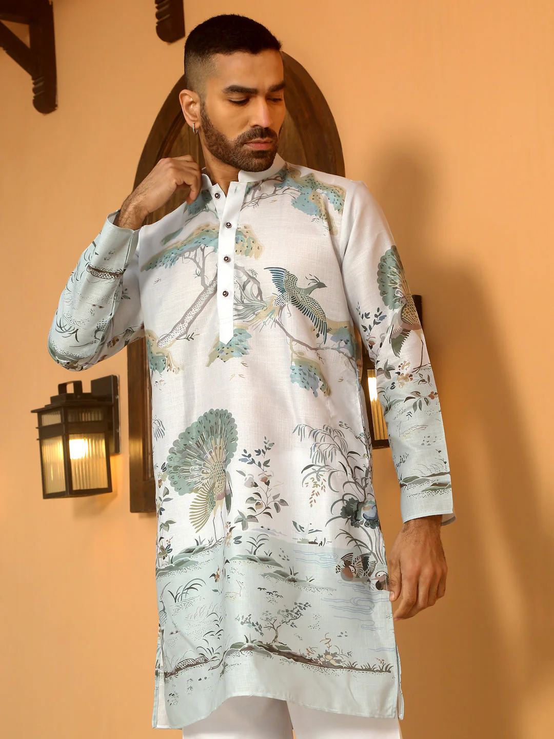Animal Print Cotton Straight Beige Kurta With White Elastic Waistband Pyjama Set - Image 14