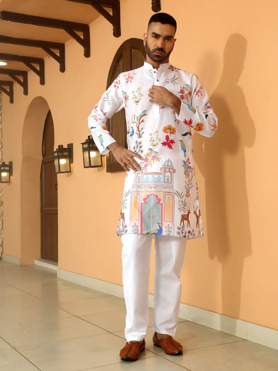 Animal Print Cotton Straight Beige Kurta With White Elastic Waistband Pyjama Set - Image 25