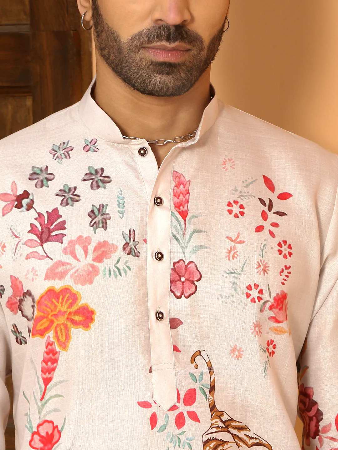 Animal Print Cotton Straight Beige Kurta With White Elastic Waistband Pyjama Set - Image 3