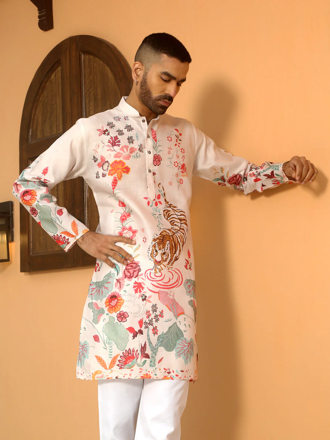 Animal Print Cotton Straight Beige Kurta With White Elastic Waistband Pyjama Set - Image 5