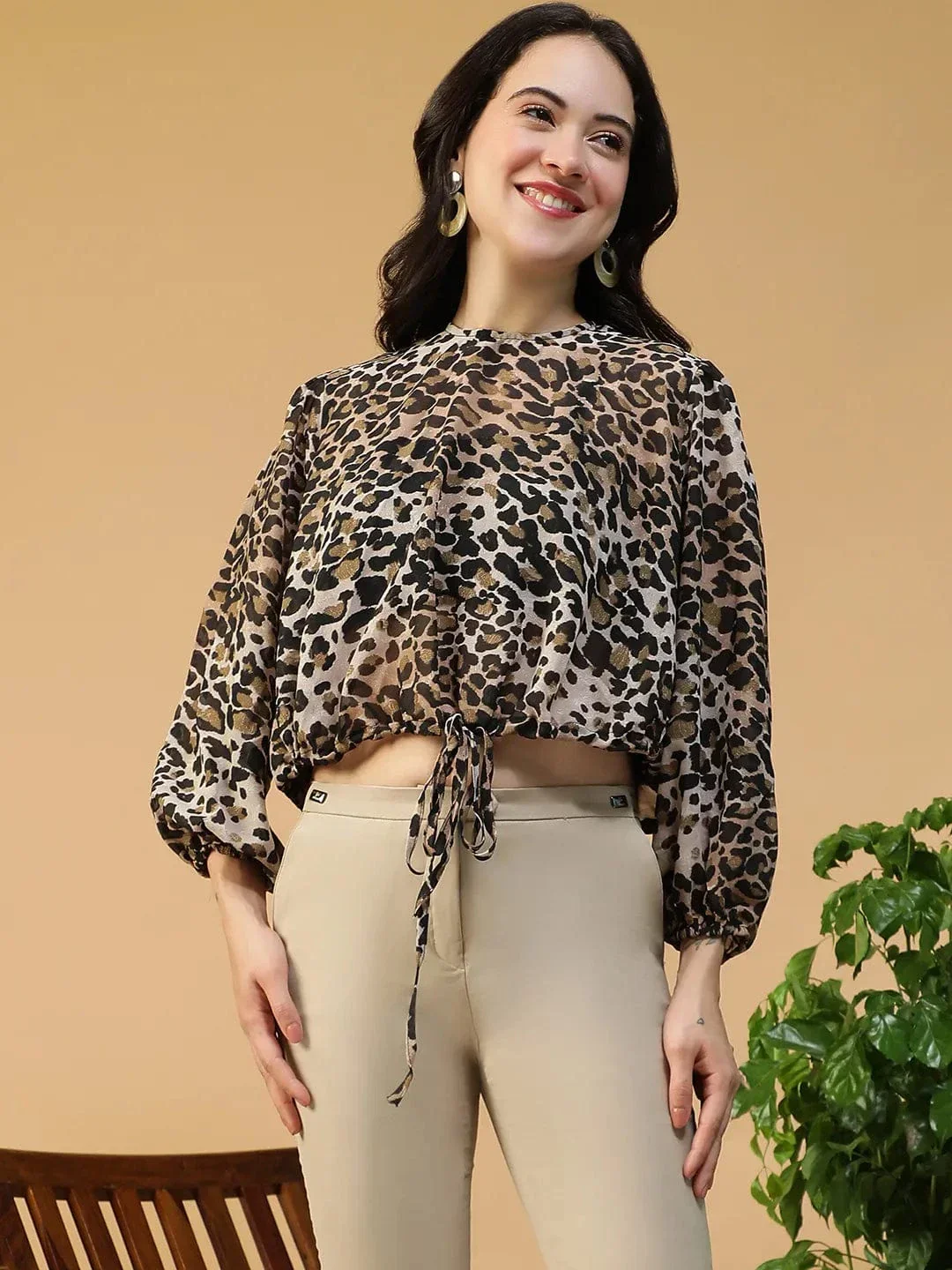 Animal Print Women Top - Multicolor Printed Blouse With Elasticated Waist Tie