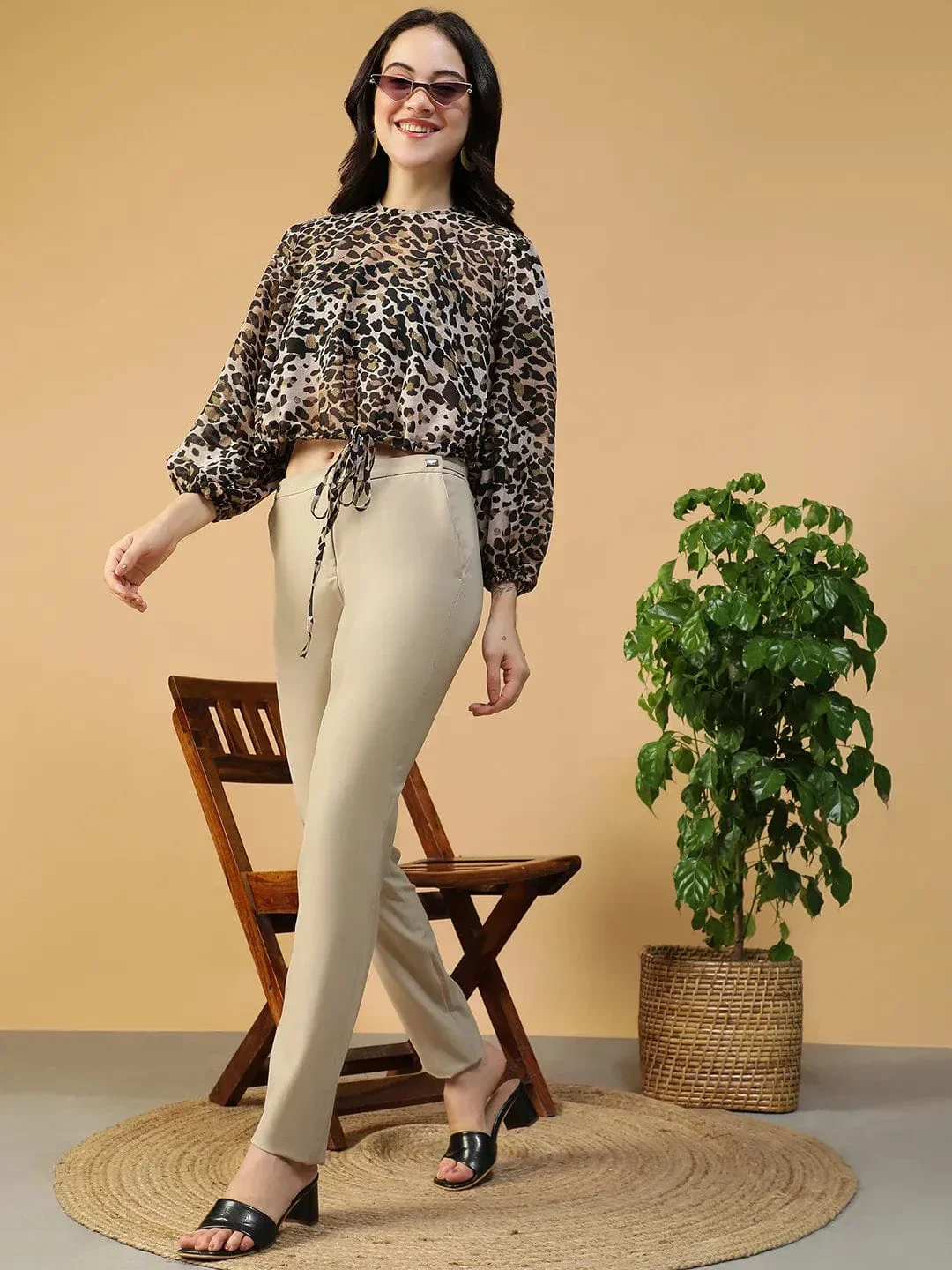 Animal Print Women Top - Multicolor Printed Blouse With Elasticated Waist Tie - Image 7