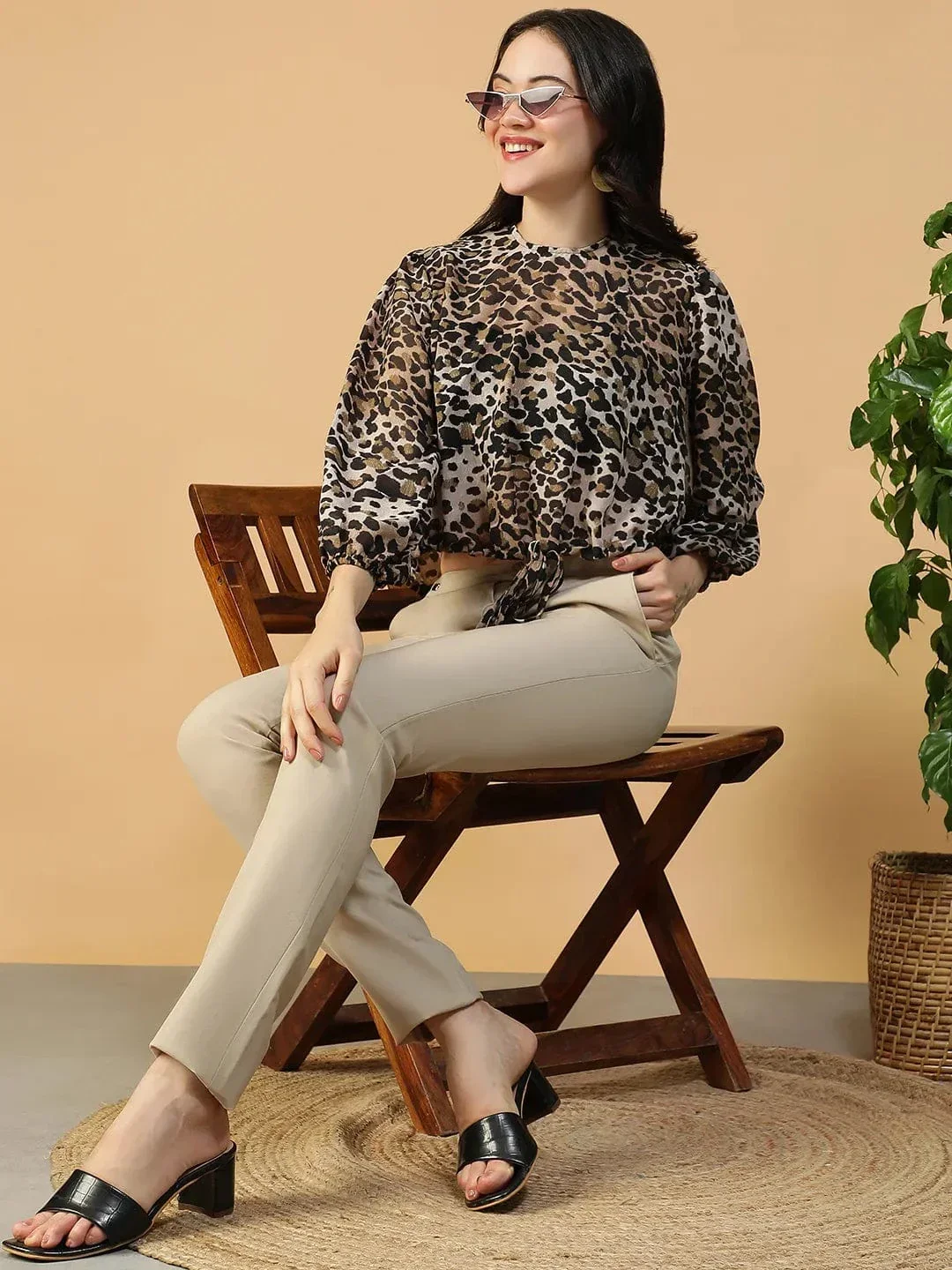 Animal Print Women Top - Multicolor Printed Blouse With Elasticated Waist Tie - Image 8