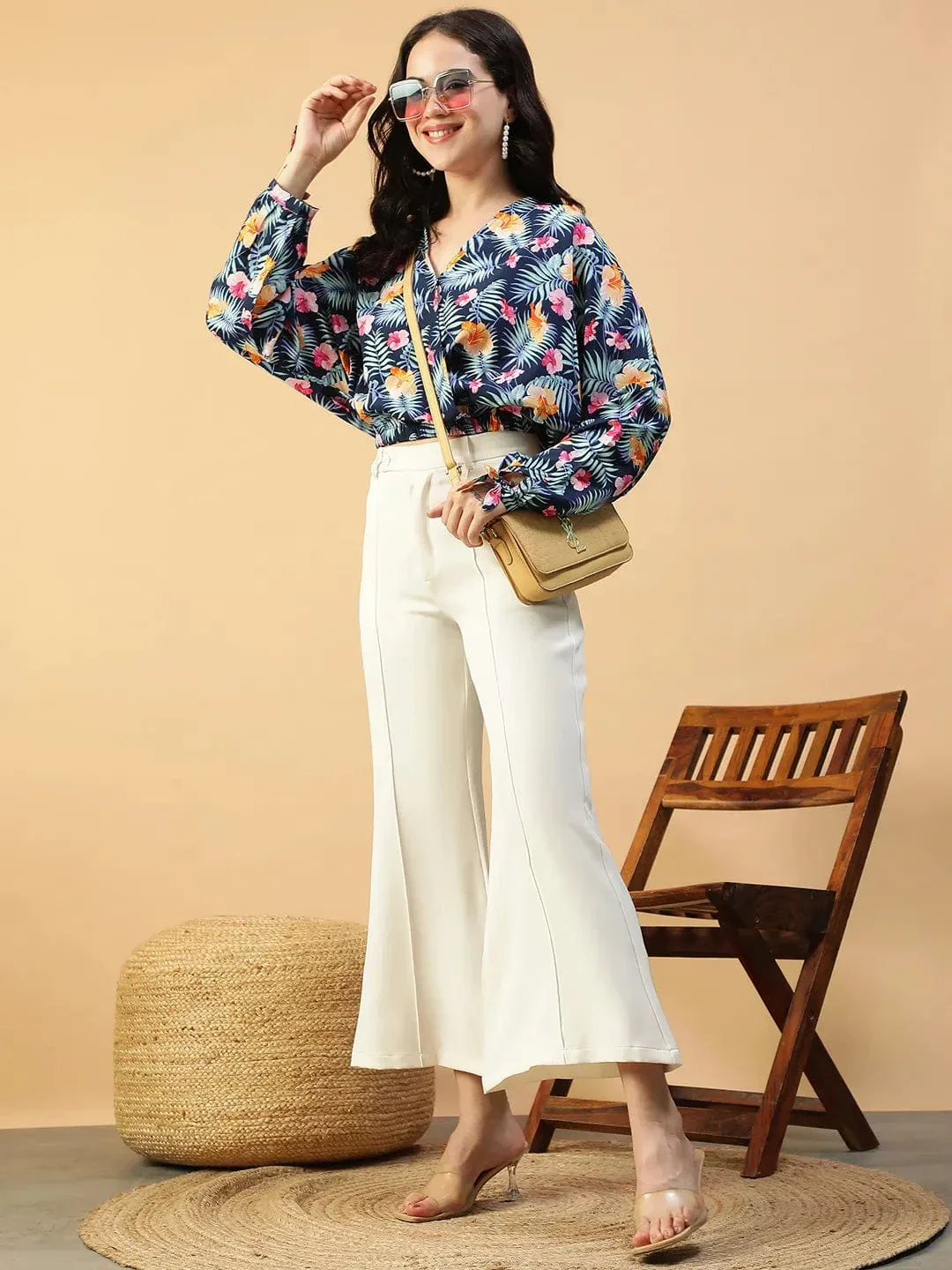 Approved Blue Floral Print Long Sleeve Elasticated Women Crop Top - Image 7
