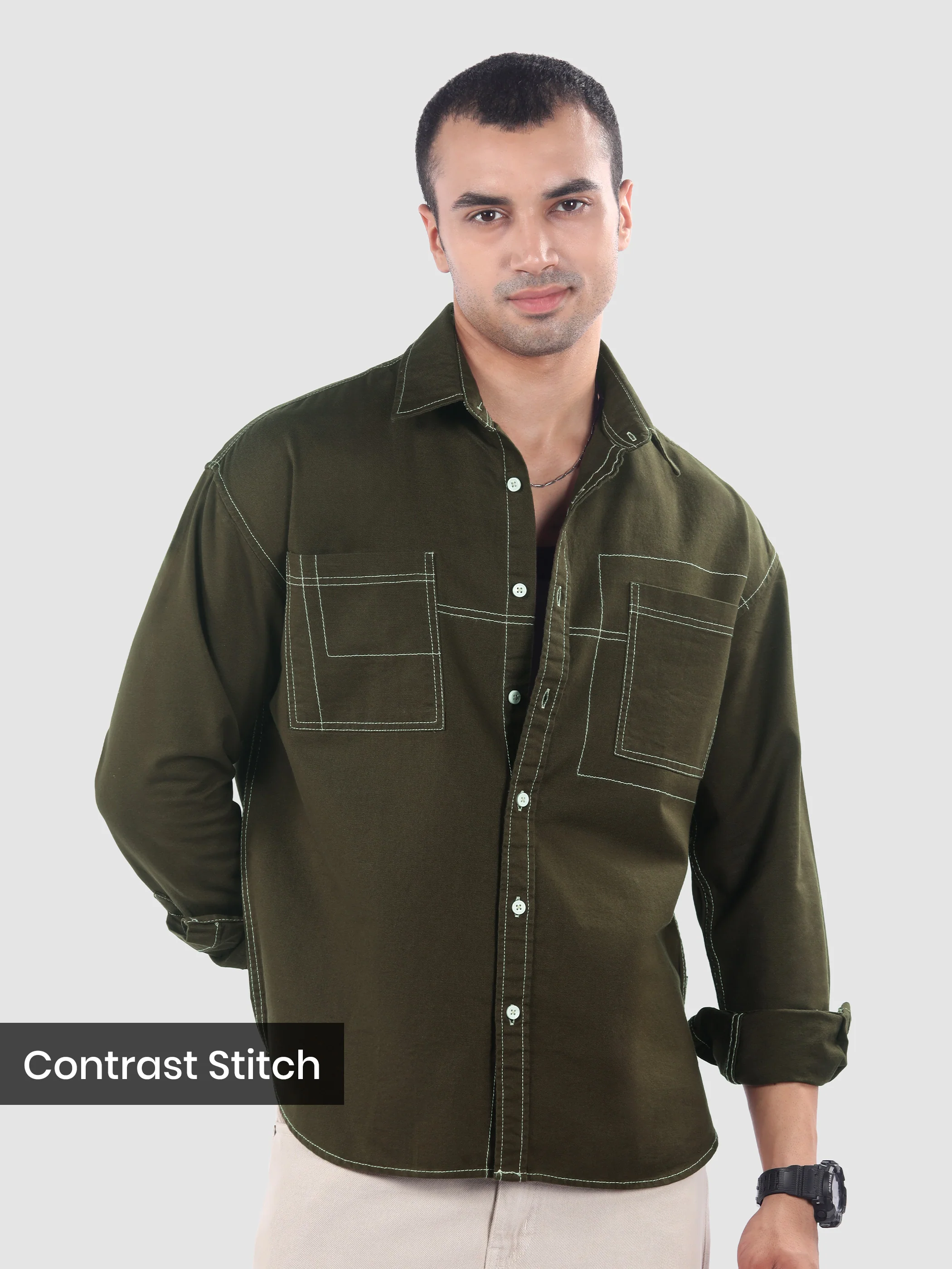 Army Green Dual Pocket Contrast Stitch Shirt - Image 8