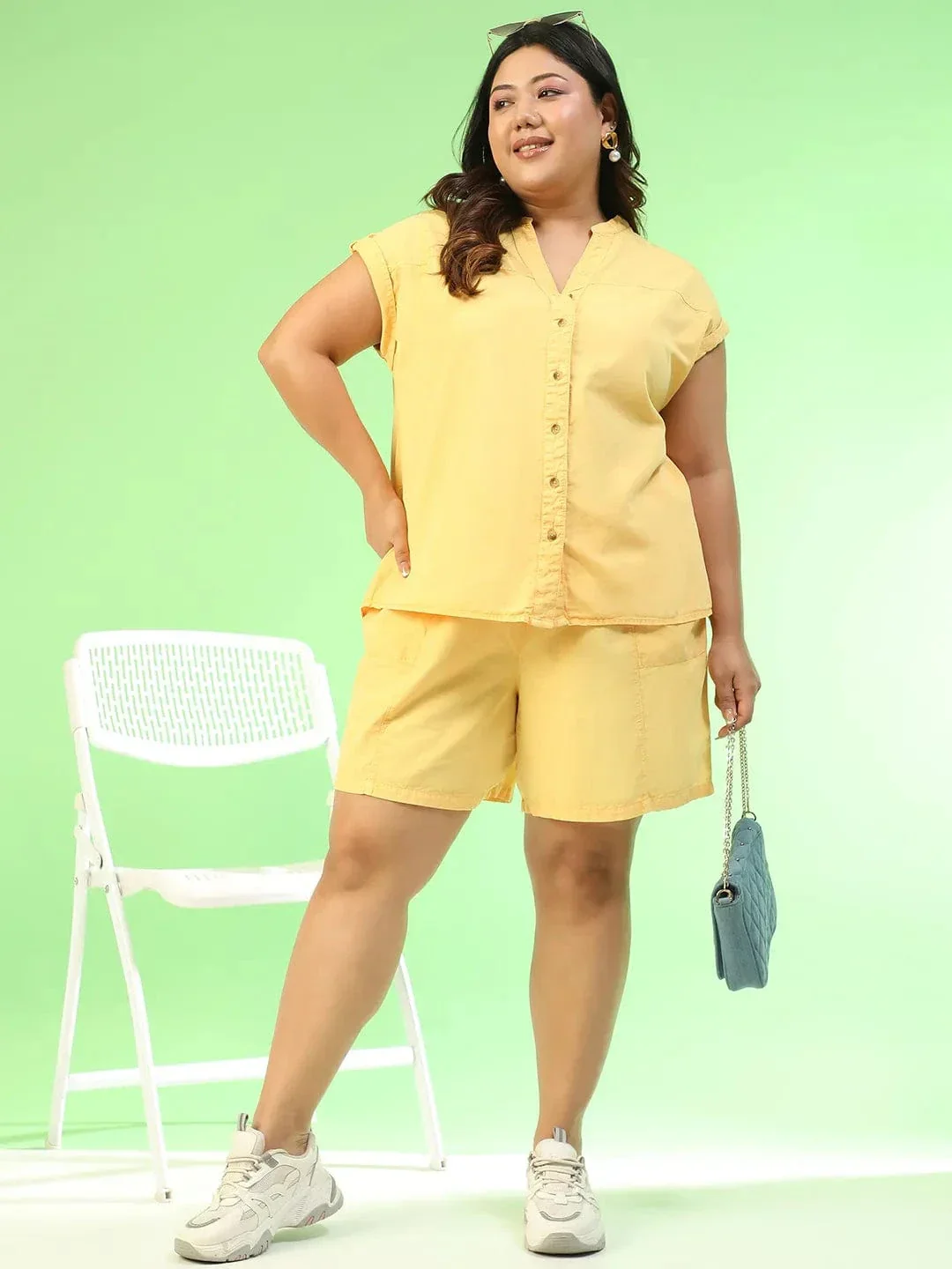Aura Yellow Elasticated With Tie-Up Detail Plus Size Women Cotton Shorts - Image 8