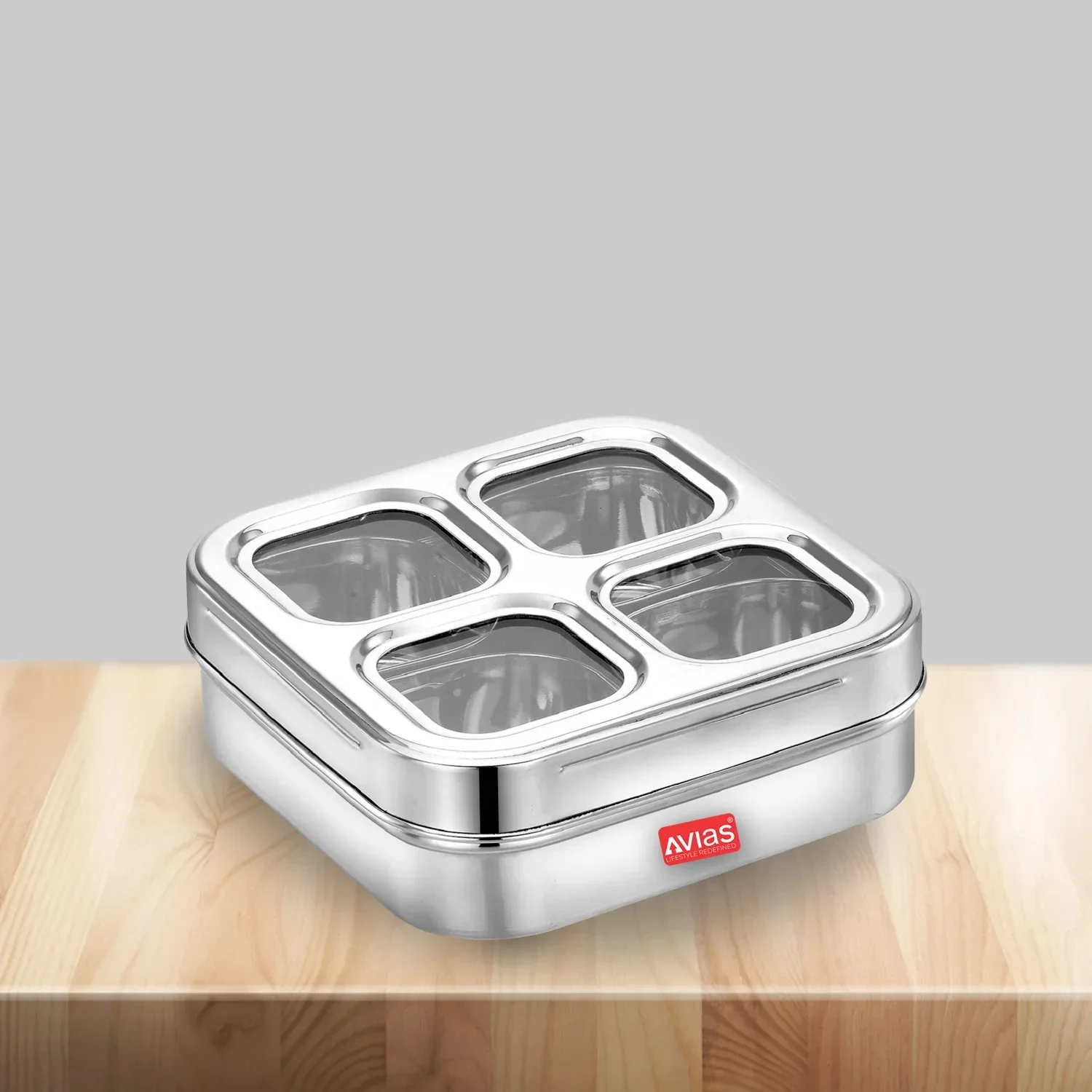 AVIAS 4 Square Stainless Steel Spice Box/ Dry Fruit Box (Design) | See-through lid | Unbreakable acrylic sheet | Strong and durable masala dani/ masala dabba/ dry fruits organiser with 4 compartments