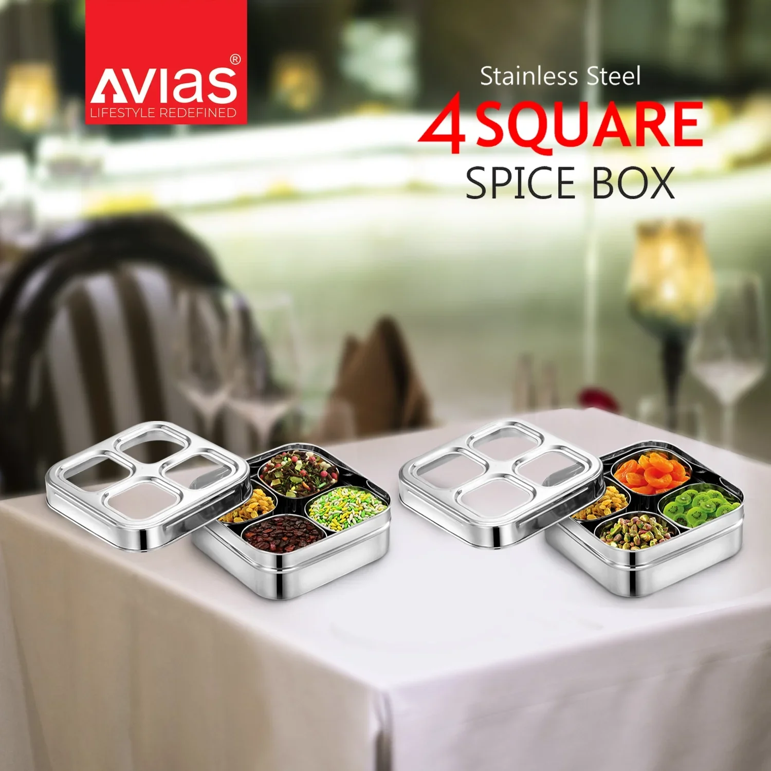 AVIAS 4 Square Stainless Steel Spice Box/ Dry Fruit Box (Design) | See-through lid | Unbreakable acrylic sheet | Strong and durable masala dani/ masala dabba/ dry fruits organiser with 4 compartments - Image 6