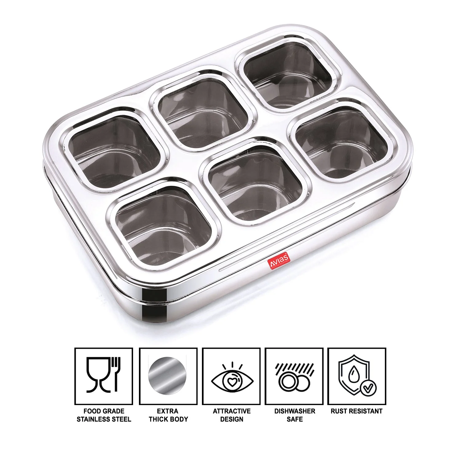 AVIAS 6 square stainless steel dry fruit cum spice box with 6 compartments (design) | see-through lid with break resistant acrylic sheet | high durability | masala dani | masala dabba| dryfruit box | organiser - Image 3