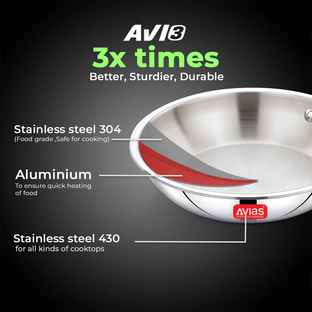 AVIAS AVI3 Triply Fry Pan, 22 / 24 cm Stainless Steel Fry Pan, 3 Layer, Steel Casted Handles, Flat Bottom Fry Pan with Induction Base, 2.5 Mm Thickness, 1.25 / 1.5 Litre Capacity - Image 4