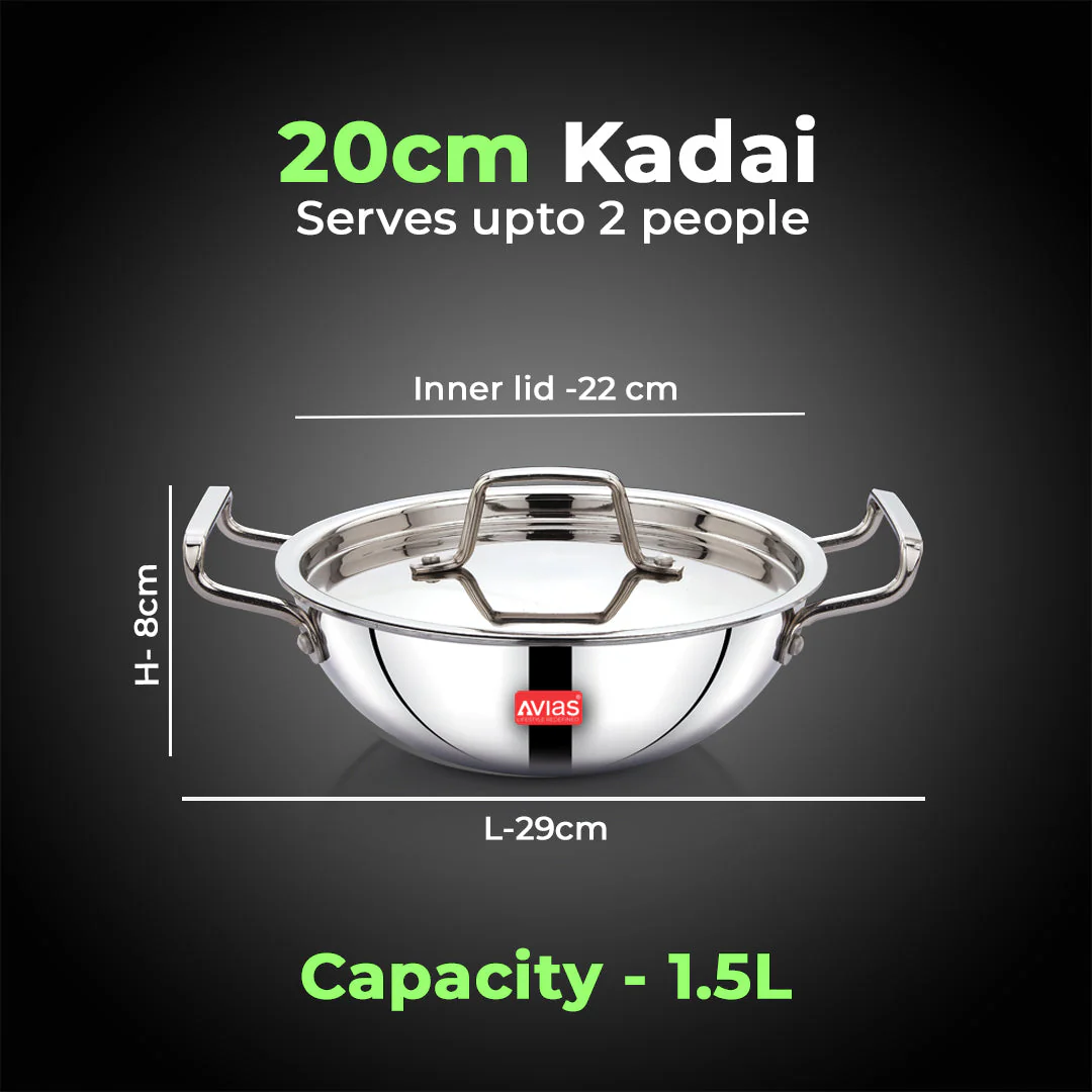 AVIAS AVI3 Triply Kadai, 20 / 22 / 24 / 26 cm Stainless Steel Kadhai with Lid, 3 Layer, Steel Casted Handles, Flat Bottom Kadhai with Induction Base, 2.5 Mm Thickness, 1.5 / 2 / 2.5 / 3.25 Litre Capacity - Image 6