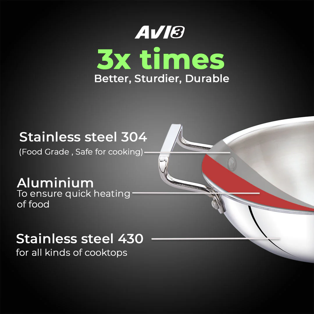 AVIAS AVI3 Triply Kadai, 20 cm Stainless Steel Kadhai without Lid, 3 Layer, Steel Casted Handles, Flat Bottom Kadhai with Induction Base, 2.5 Mm Thickness, 1.5 Litre Capacity - Image 3