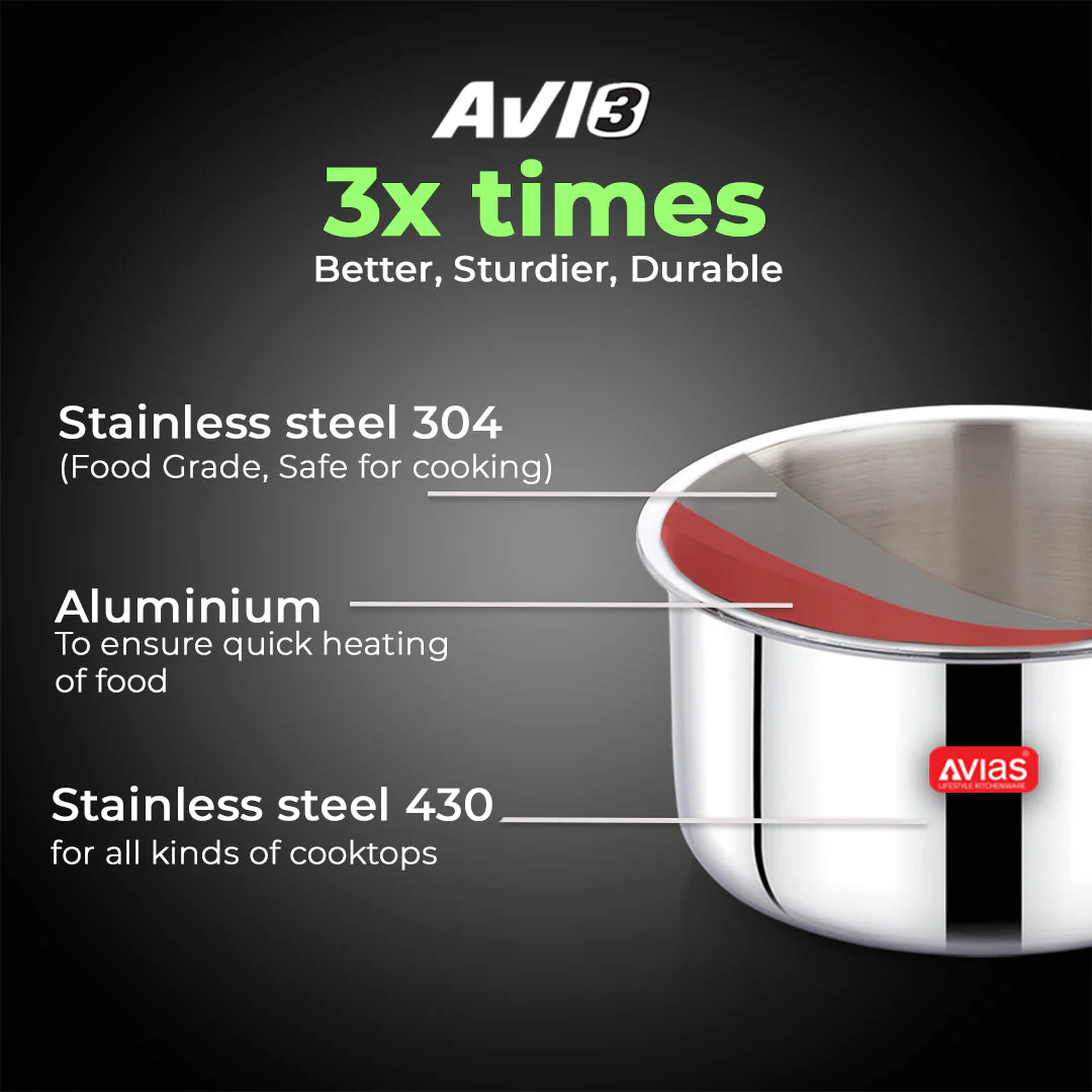 AVIAS AVI3 Triply Sauce Pan, 14 / 16 / 18 cm Stainless Steel Sauce Pan with Lid, 3 Layer, Steel Casted Handles, Flat Bottom Sauce Pan with Induction Base, 2.5 Mm Thickness, 1.1 / 1.5 / 2  Litre Capacity - Image 4