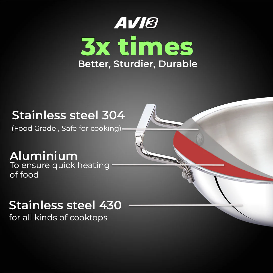 AVIAS AVI3 Triply Stainless Steel 3 Pc Cookware Set (Without Lids) – 22 cm Kadai, 22 cm Frypan, 14 cm Sauce Pan, Steel Casted Handles, Even and Fast Heating, Triply Bottom - Image 3