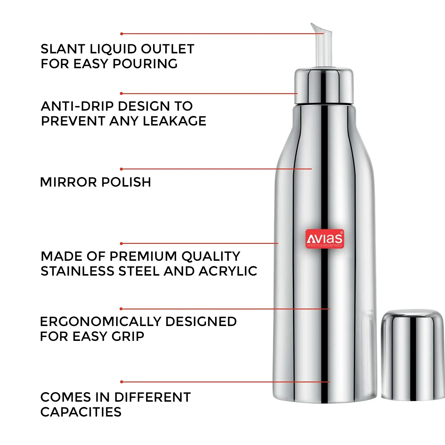 AVIAS Ezee Oil Dispenser | BPA free Oil Pot | Stainless Steel lid | Slant liquid outlet | 500ml/700ml/1000ml - Image 4
