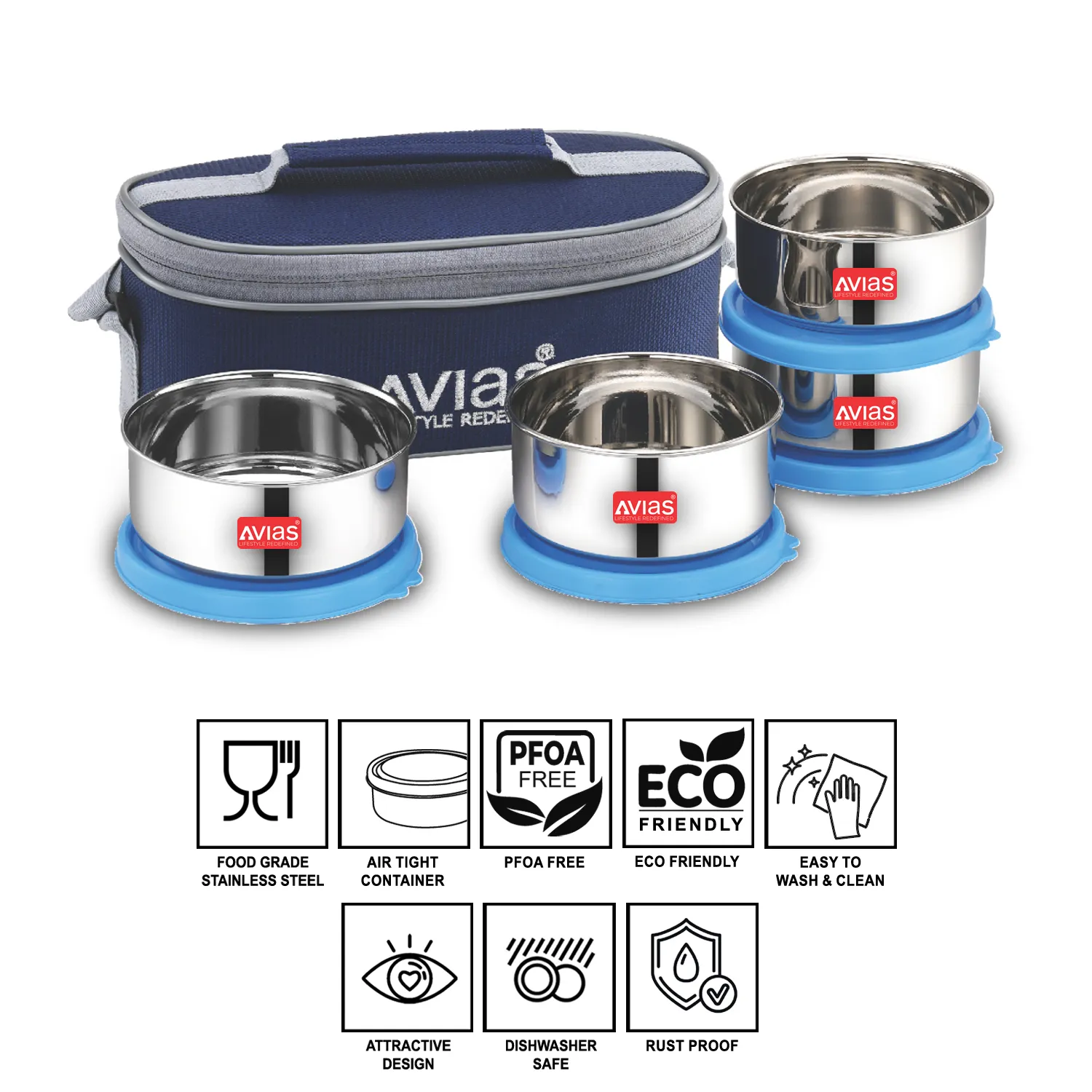 AVIAS Freshia stainless steel lunch/ tiffin box (horizontal) | light-weight stainless steel boxes with air-tight lids | durable machine wash bag | 2/4 containers - Image 7