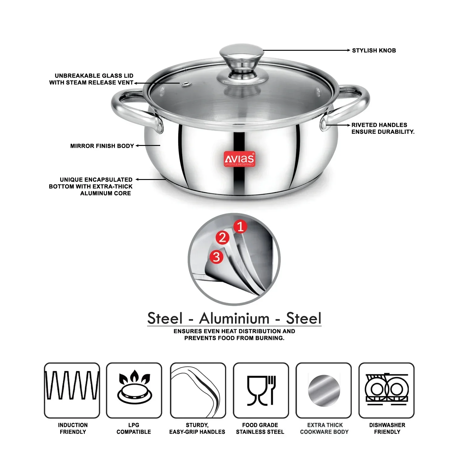 AVIAS Inox IB stainless steel cookpot with glass lid with steam vent | rust-resistant cooware with sandwich bottom | Induction and gas stove friendly | Silver - Image 10