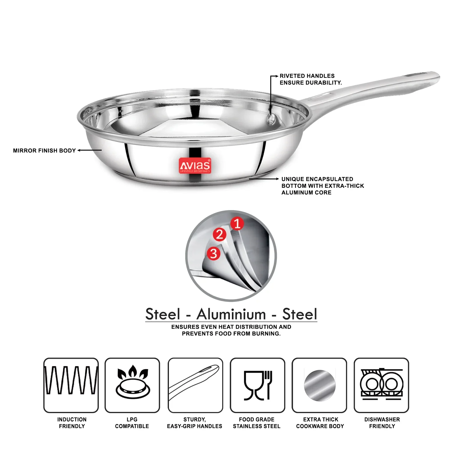 AVIAS Inox IB stainless steel Frypan | Induction friendly | Sandwich bottom | Robust | Silver Satin finish | 20cm/ 22cm - Image 5