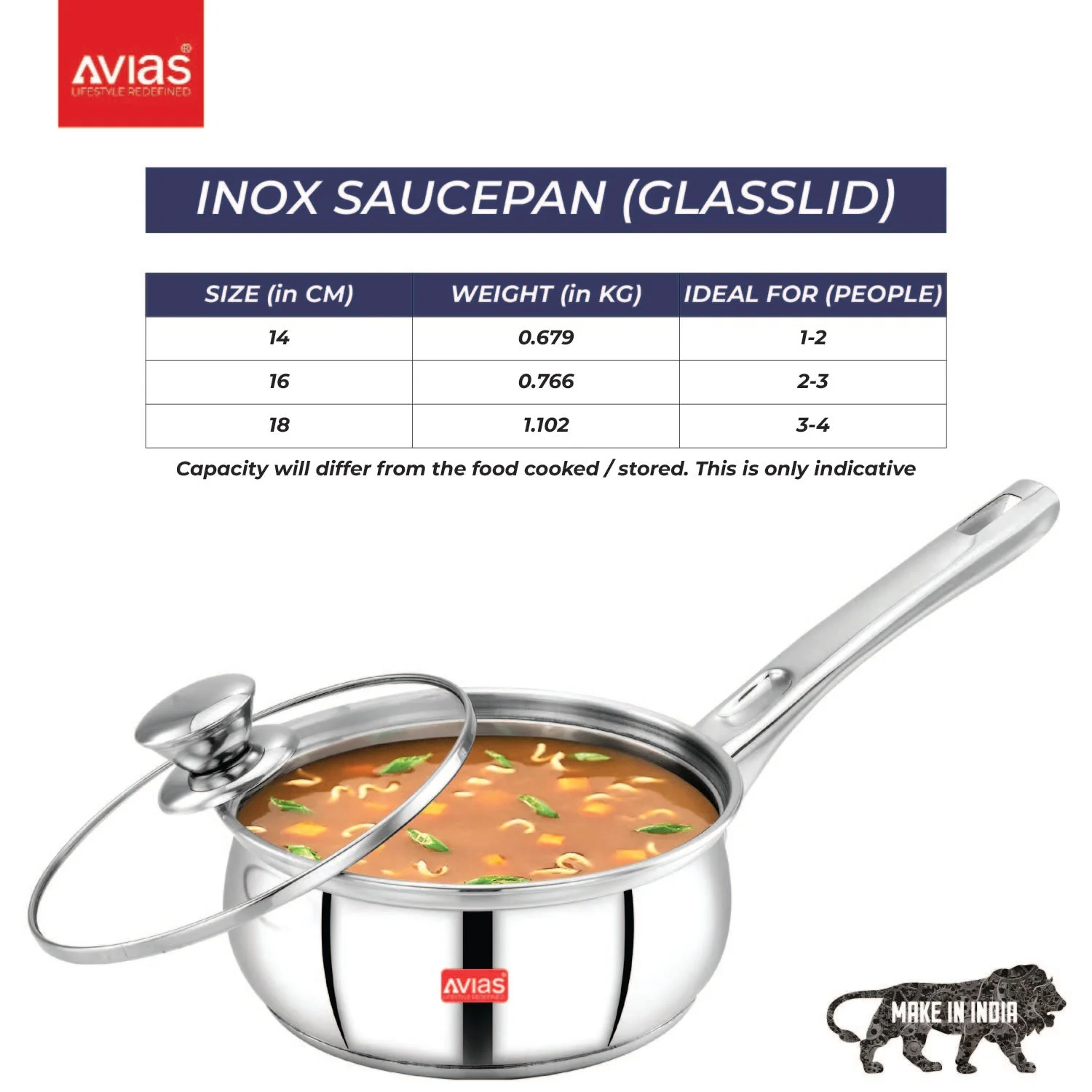 AVIAS Inox IB stainless Steel Saucepan with glass lid | Premium Quality Stainless Steel with Sandwich bottom | Cook and serve | Induction and gas stove friendly |14cm/ 16cm/ 18cm | Silver - Image 6