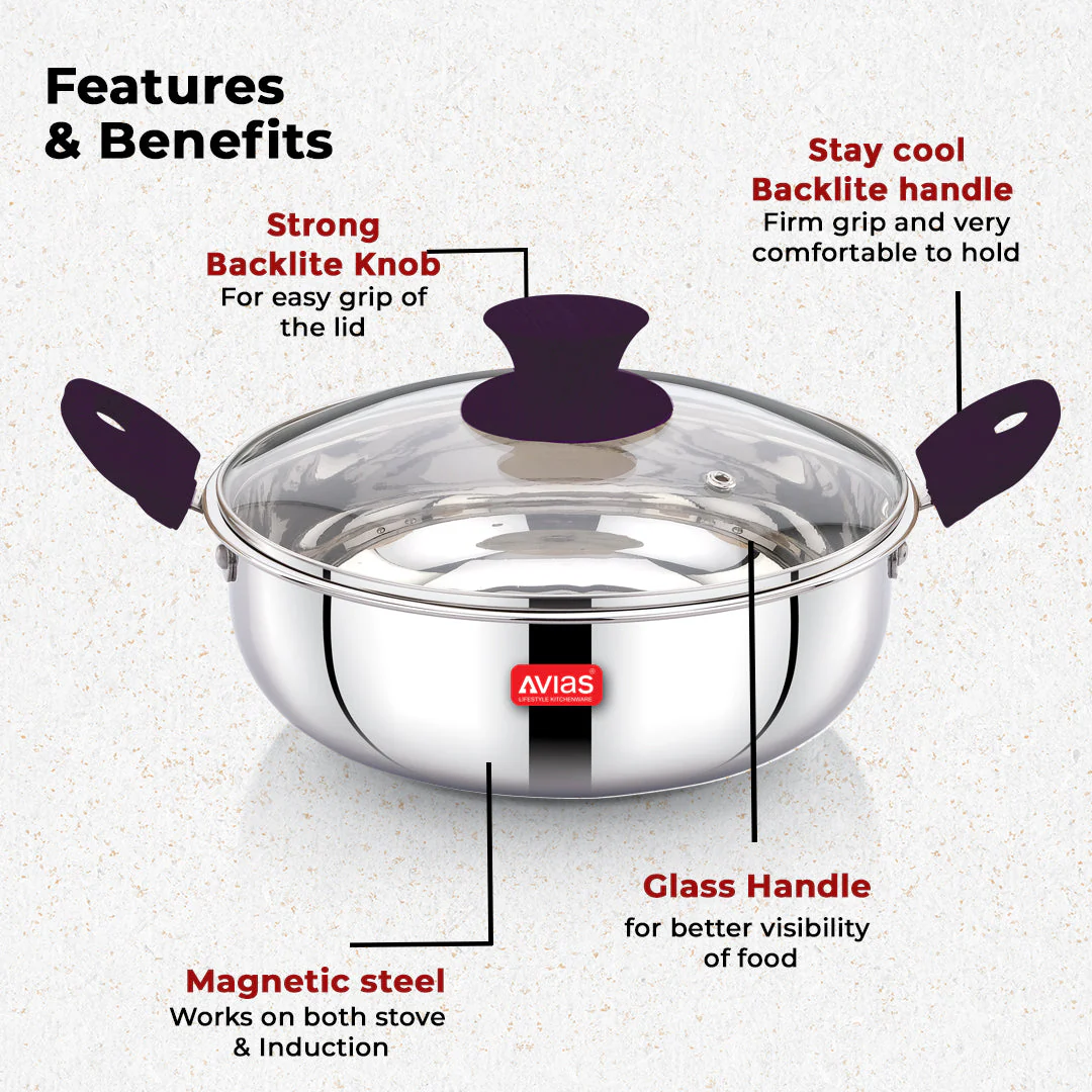 AVIAS Inox Stainless Steel 4 Pc Cookware Set, 22 cm Kadai with Glass Lid, 22 cm Frypan, 16 cm Sauce Pan, Triply Bottom - Image 3