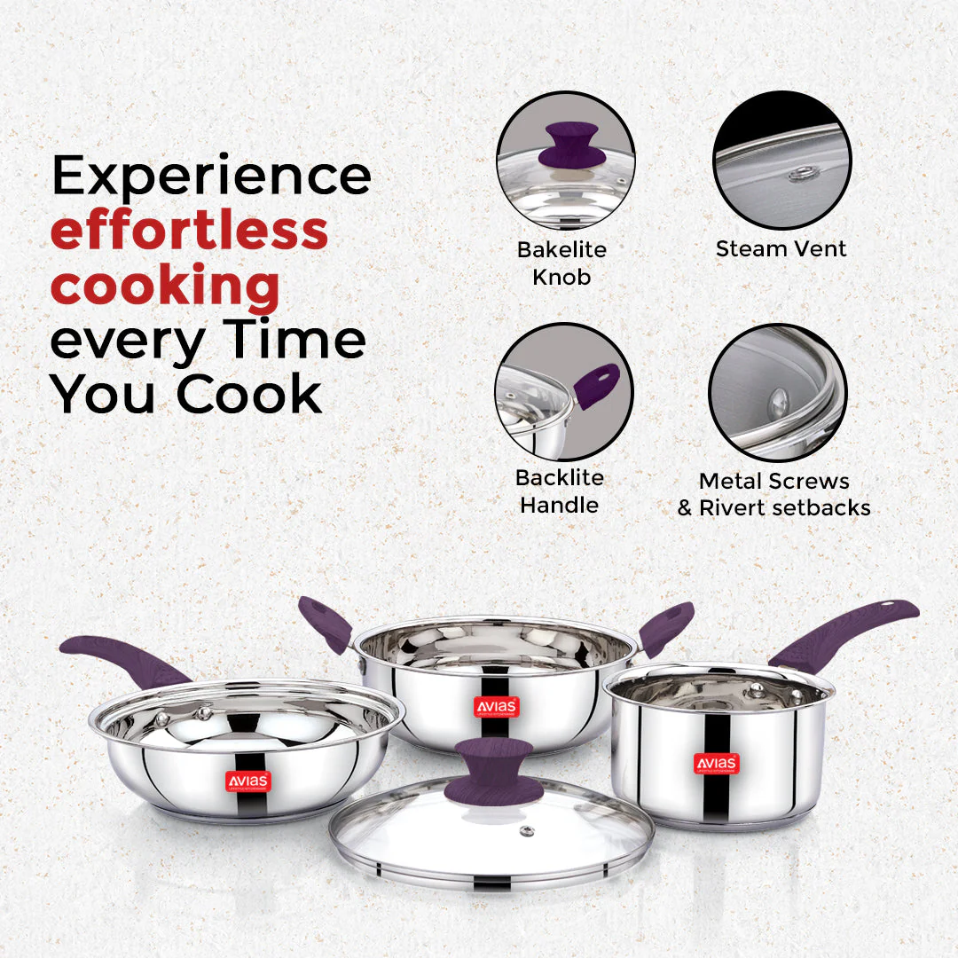 AVIAS Inox Stainless Steel 4 Pc Cookware Set, 22 cm Kadai with Glass Lid, 22 cm Frypan, 16 cm Sauce Pan, Triply Bottom - Image 4