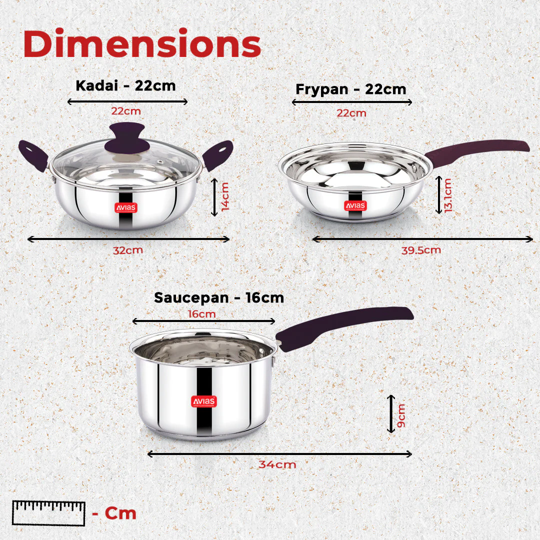 AVIAS Inox Stainless Steel 4 Pc Cookware Set, 22 cm Kadai with Glass Lid, 22 cm Frypan, 16 cm Sauce Pan, Triply Bottom - Image 5