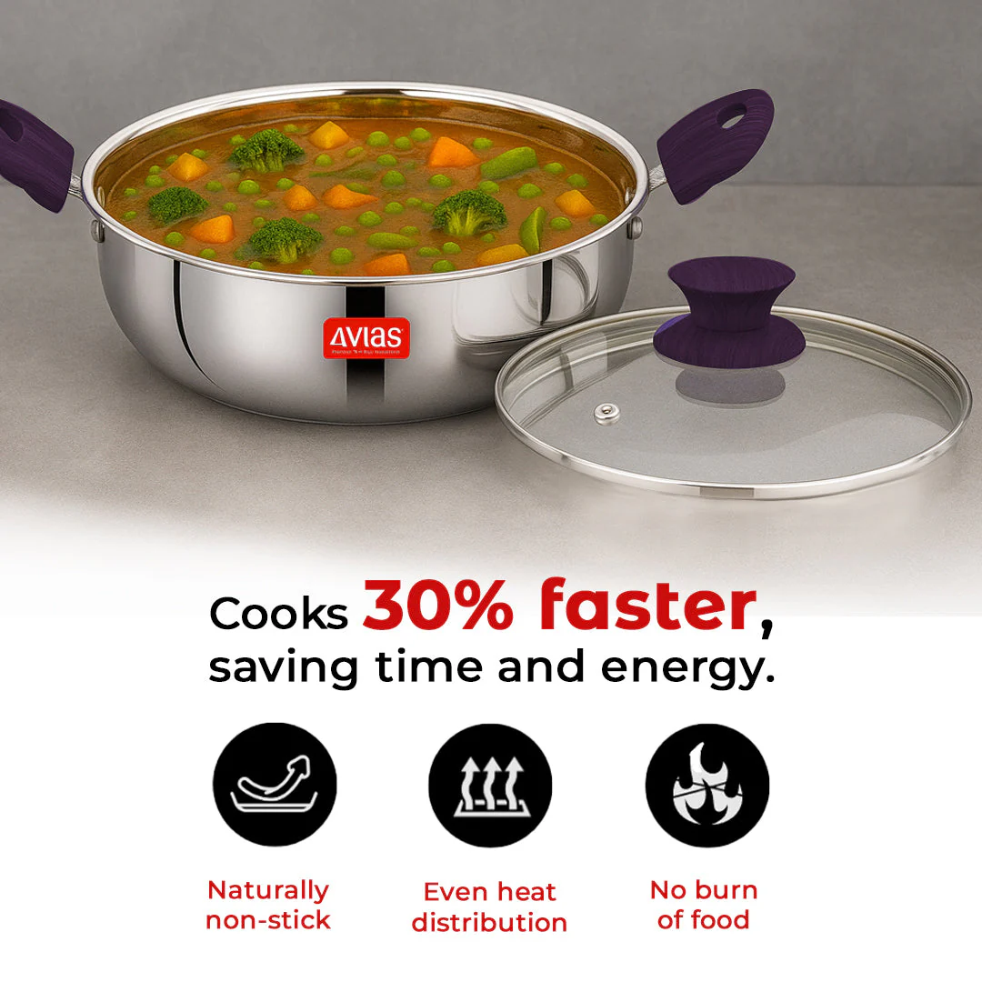 AVIAS Inox Stainless Steel 4 Pc Cookware Set, 22 cm Kadai with Glass Lid, 22 cm Frypan, 16 cm Sauce Pan, Triply Bottom - Image 7