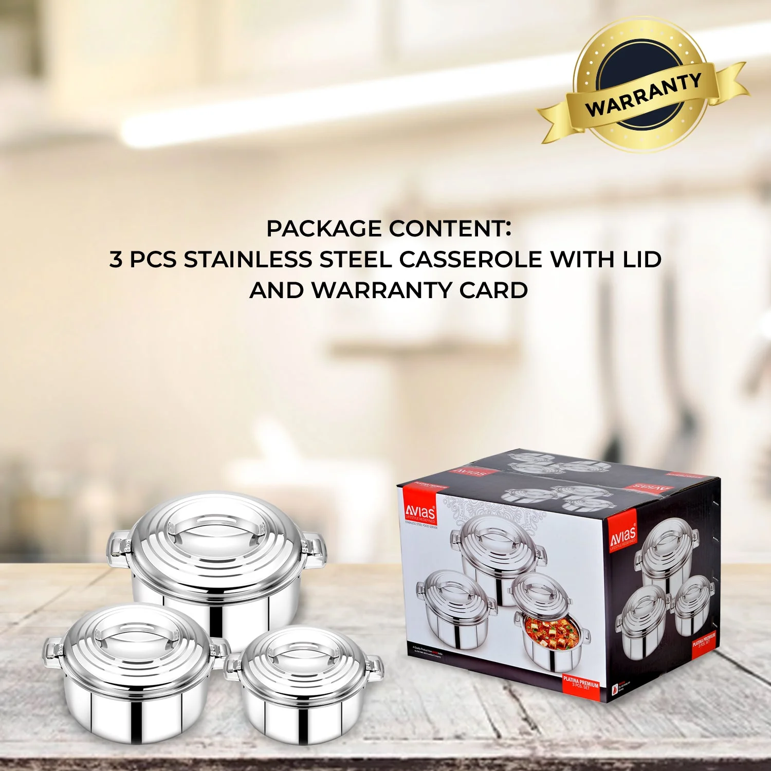 AVIAS Platina Premium Casserole Gift Set (1000ml, 1500ml, 2500ml) | Riveted handles | PUF insulated | - Image 5