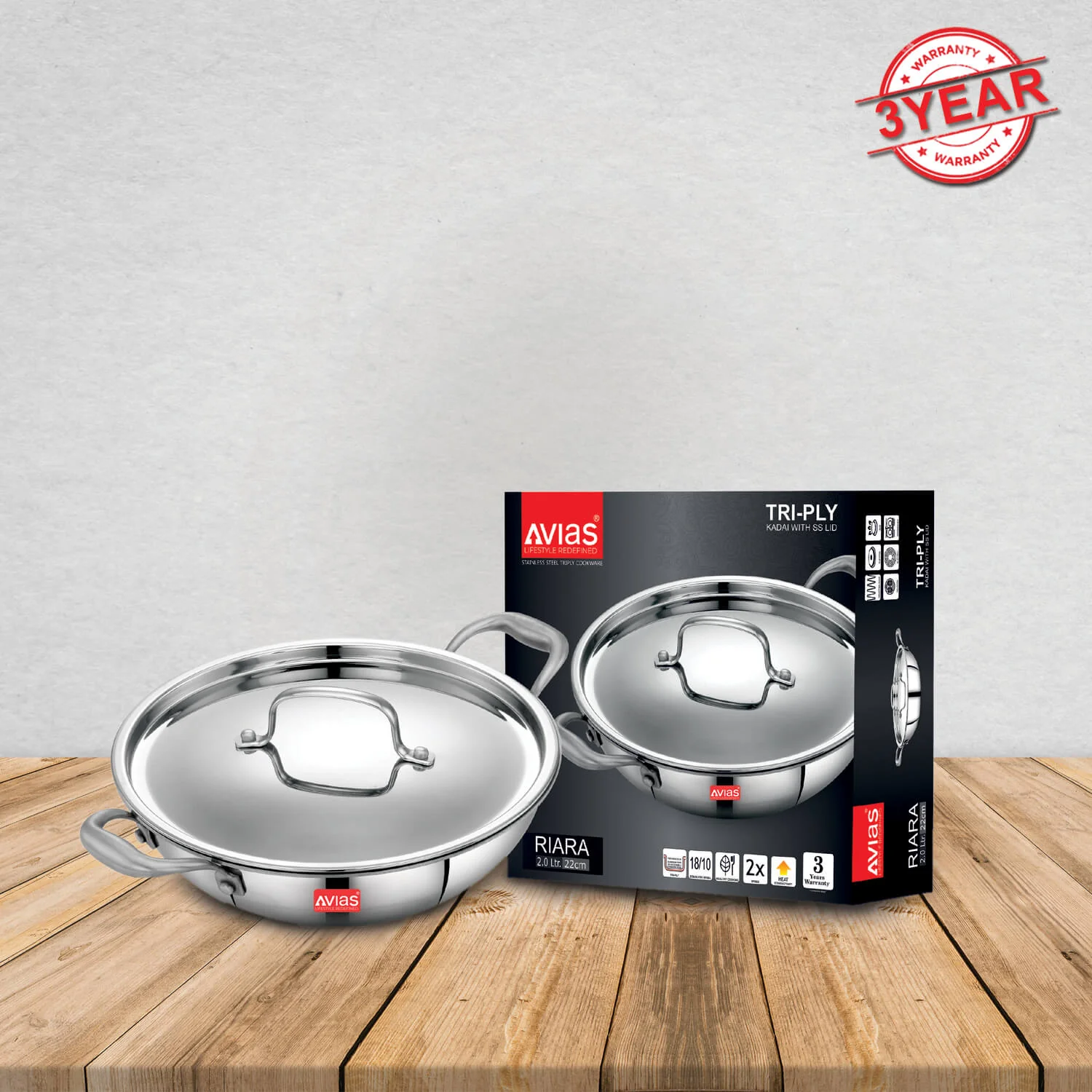 AVIAS Riara Premium Stainless steel Triply Kadai/ kadhai with lid | 3 layer | steel casted stay-cool handles | 2.5 mm thickness | Induction base | 2 L/ 2.5 L/ 3.25 L/ 4 L - Image 3
