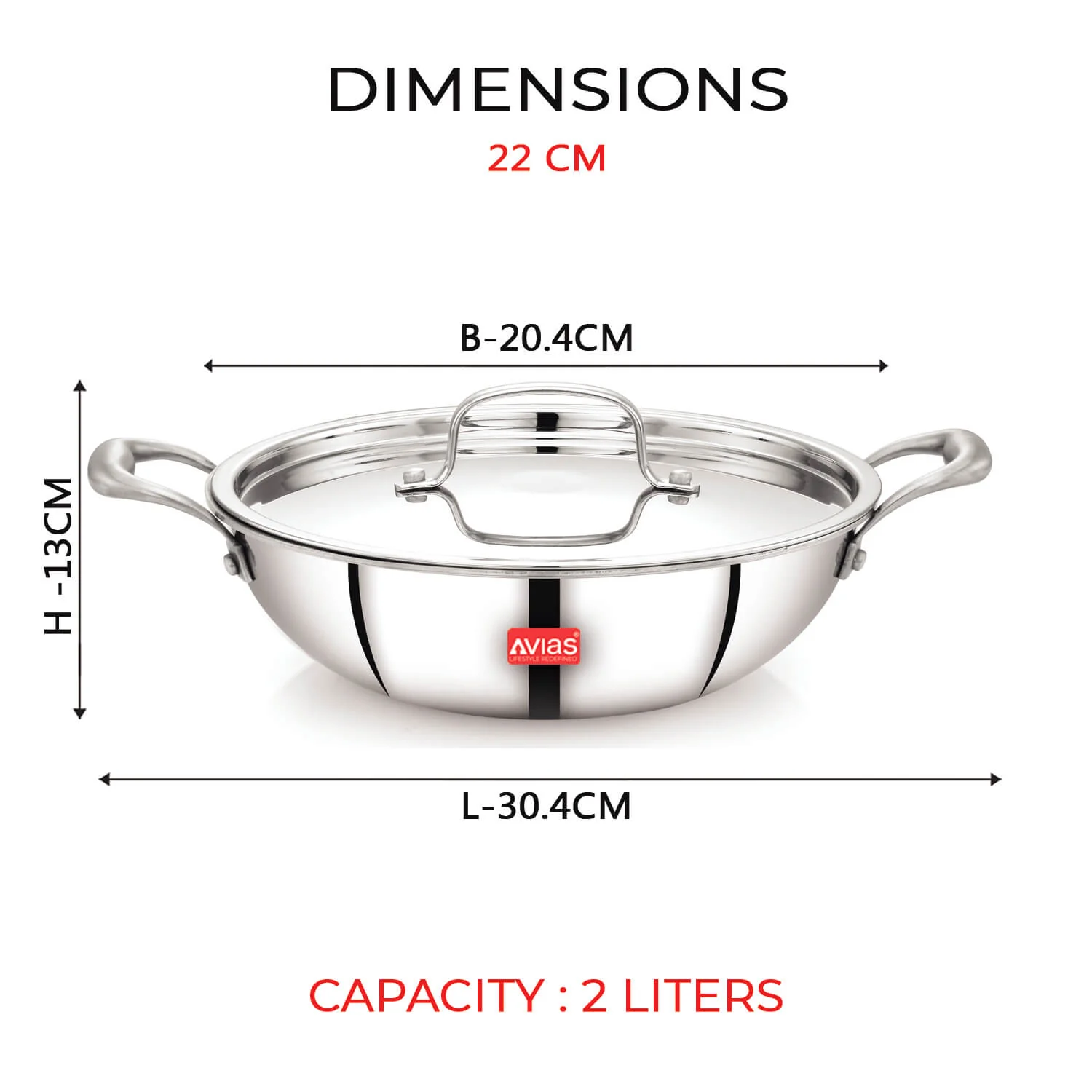 AVIAS Riara Premium Stainless steel Triply Kadai/ kadhai with lid | 3 layer | steel casted stay-cool handles | 2.5 mm thickness | Induction base | 2 L/ 2.5 L/ 3.25 L/ 4 L - Image 7