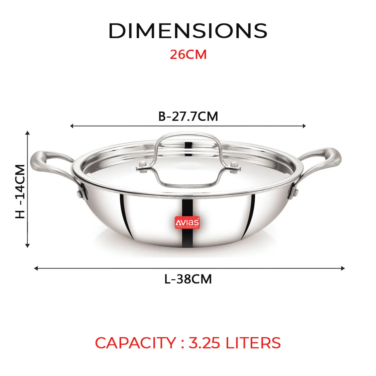 AVIAS Riara Premium Stainless steel Triply Kadai/ kadhai with lid | 3 layer | steel casted stay-cool handles | 2.5 mm thickness | Induction base | 2 L/ 2.5 L/ 3.25 L/ 4 L - Image 9
