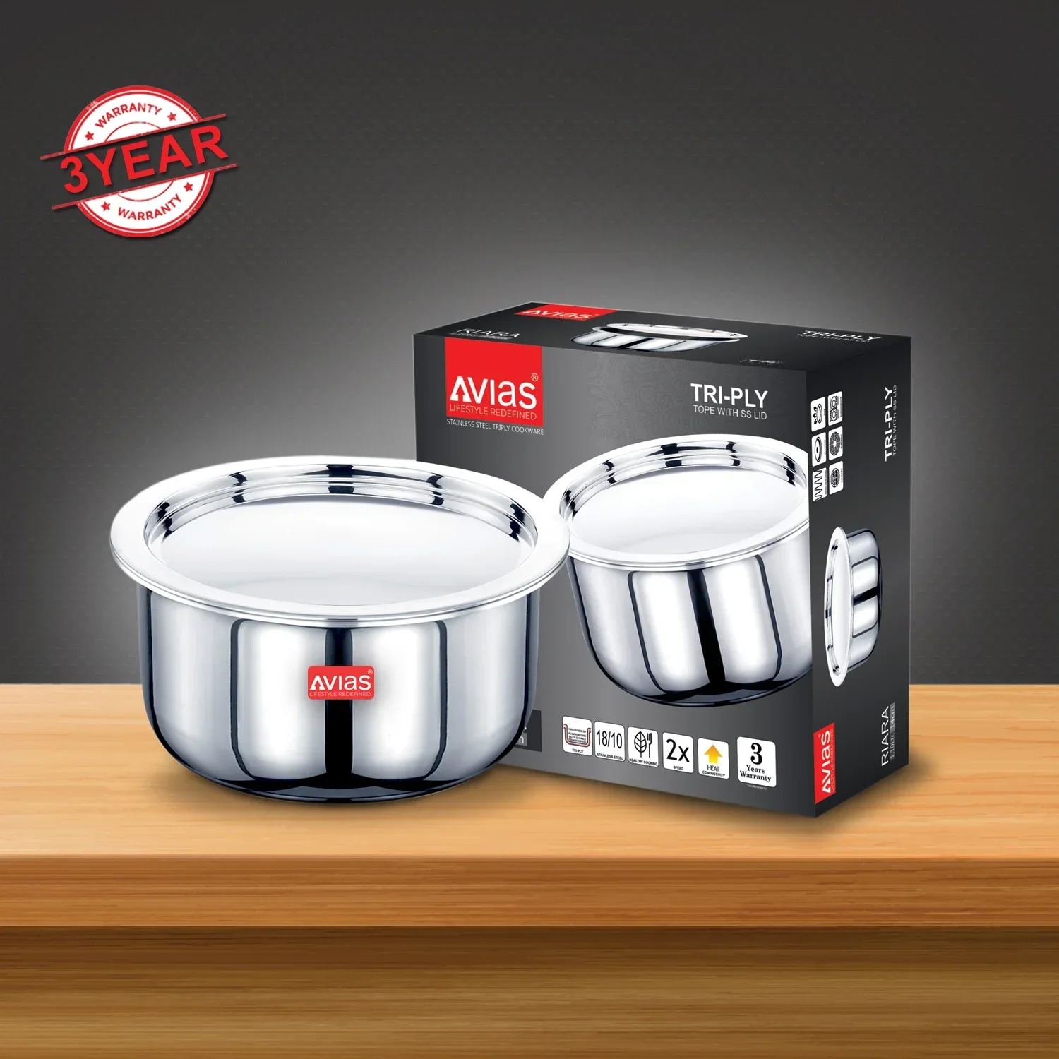 AVIAS Riara premium stainless steel Triply Tope with steel lid | 3 layered | induction base | 2.5mm thickness | induction friendly | 14cm/16cm/18cm/20cm/22cm/24cm - Image 3