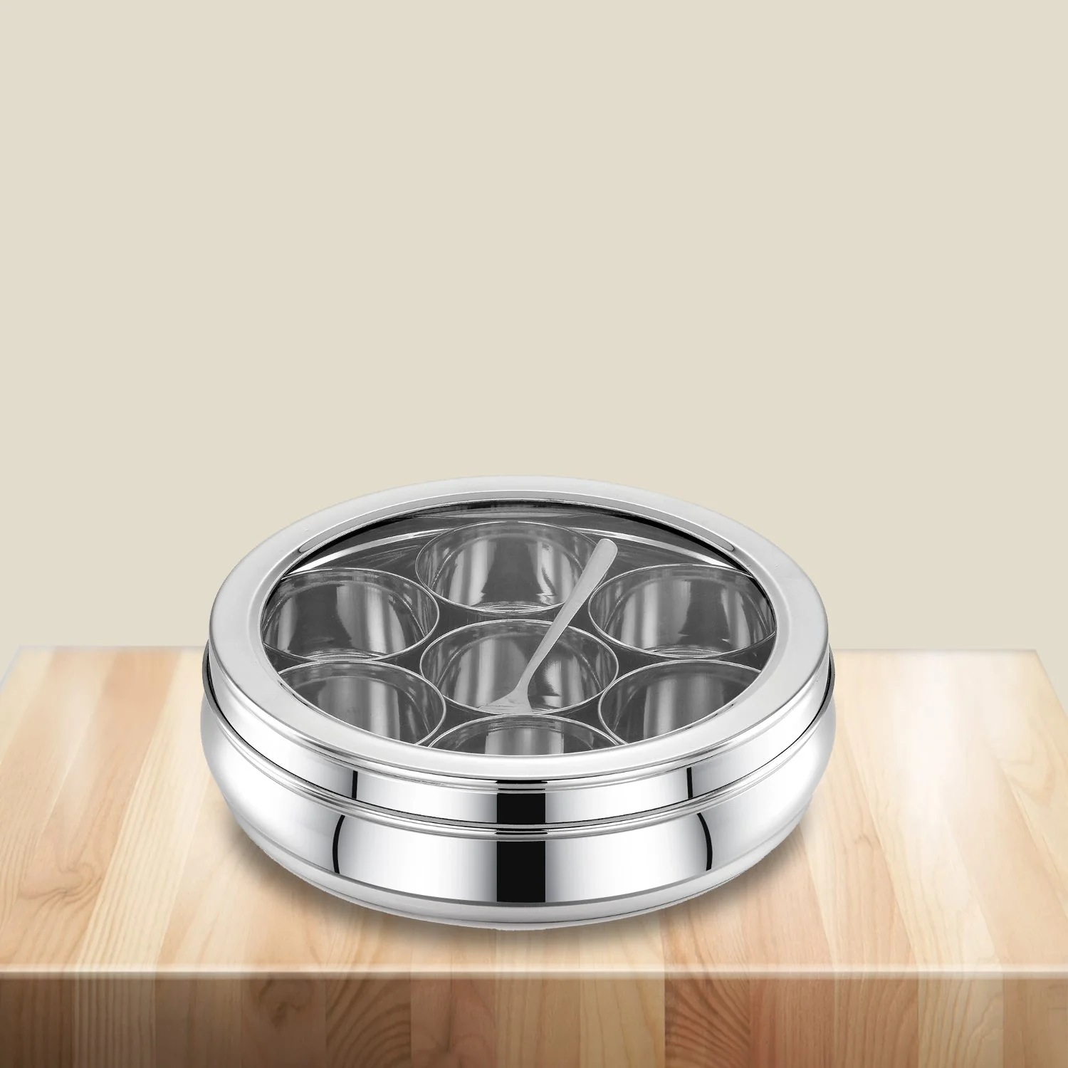 AVIAS Stainless steel Deluxe Spice box with See-through lid | Masala dabba | Masala dani/organiser with 7 compartments and steel spoon | Small/ medium