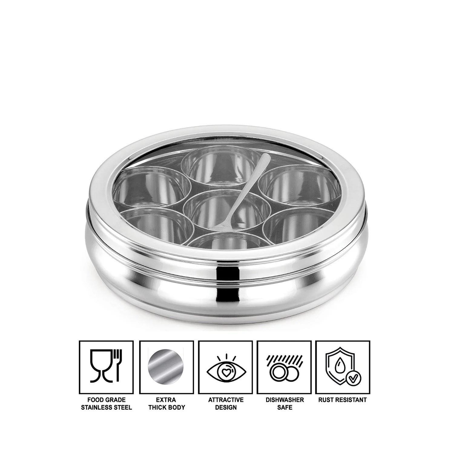 AVIAS Stainless steel Deluxe Spice box with See-through lid | Masala dabba | Masala dani/organiser with 7 compartments and steel spoon | Small/ medium - Image 4