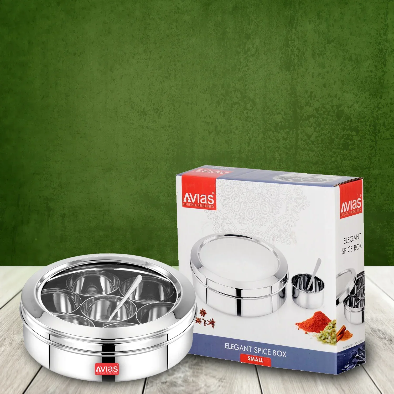 AVIAS Stainless Steel Elegant Spice box/Organiser with See-through lid for Kitchen | rust resistant steel masala dabba | masala dani with 7 compartments and steel spoon | Small/ medium - Image 6