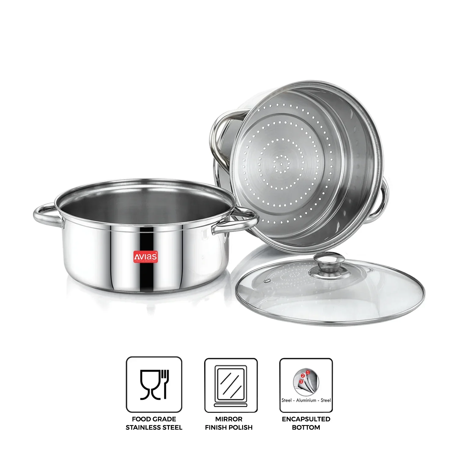Avias Stainless Steel Spectra Steamer Pot | Steamer + Cookpot | Vegetables & Momos Steamer/ Multi Steamer Pot | 22cm and 24cm Sizes | Multipurpose Use - Image 7
