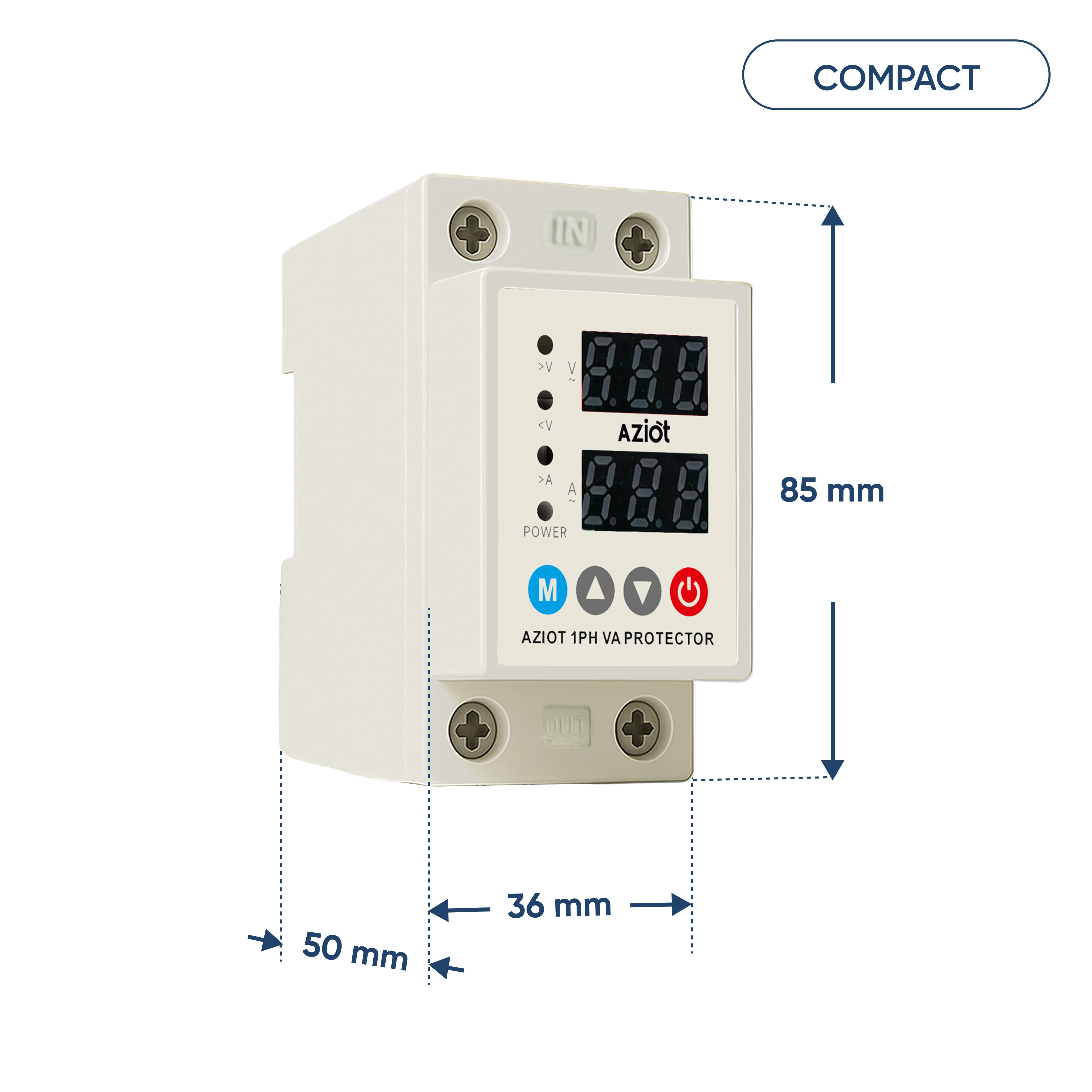AZIOT Automatic Over/Under Voltage & Overload Protector with Adjustable Settings, Auto Reconnect, LED Display – Single Phase 230V, 63A (13.8kW) DIN Rail Mounted - Image 2