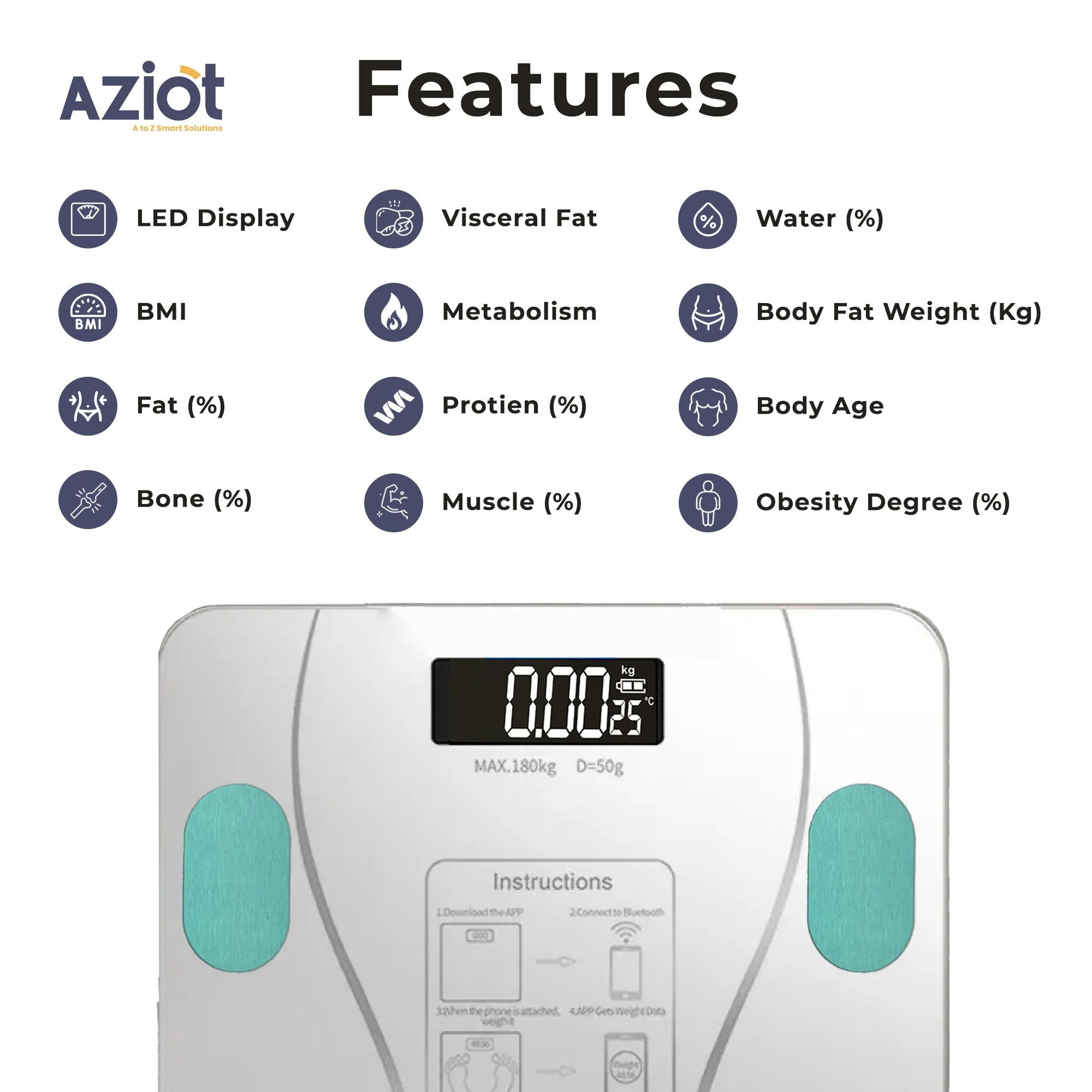 Aziot Elevate Smart Bluetooth Digital Weighing Scale for body weight, body BMI & Fat Analyzer - Image 10