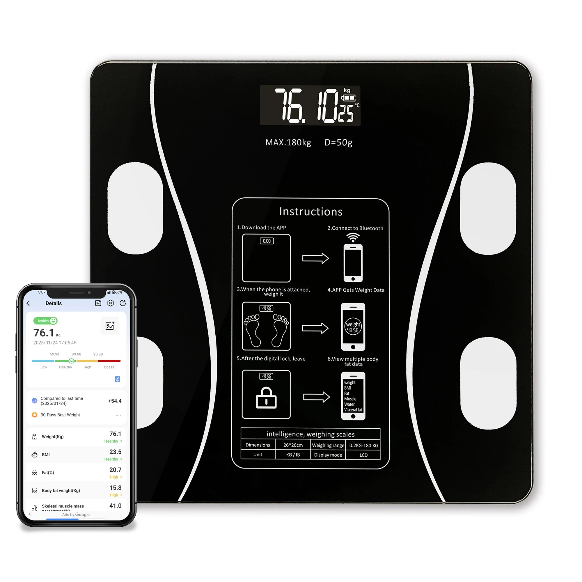 Aziot Essence Smart BLE Digital Weighing Scale, body  BMI & Fat Analyzer - Image 2