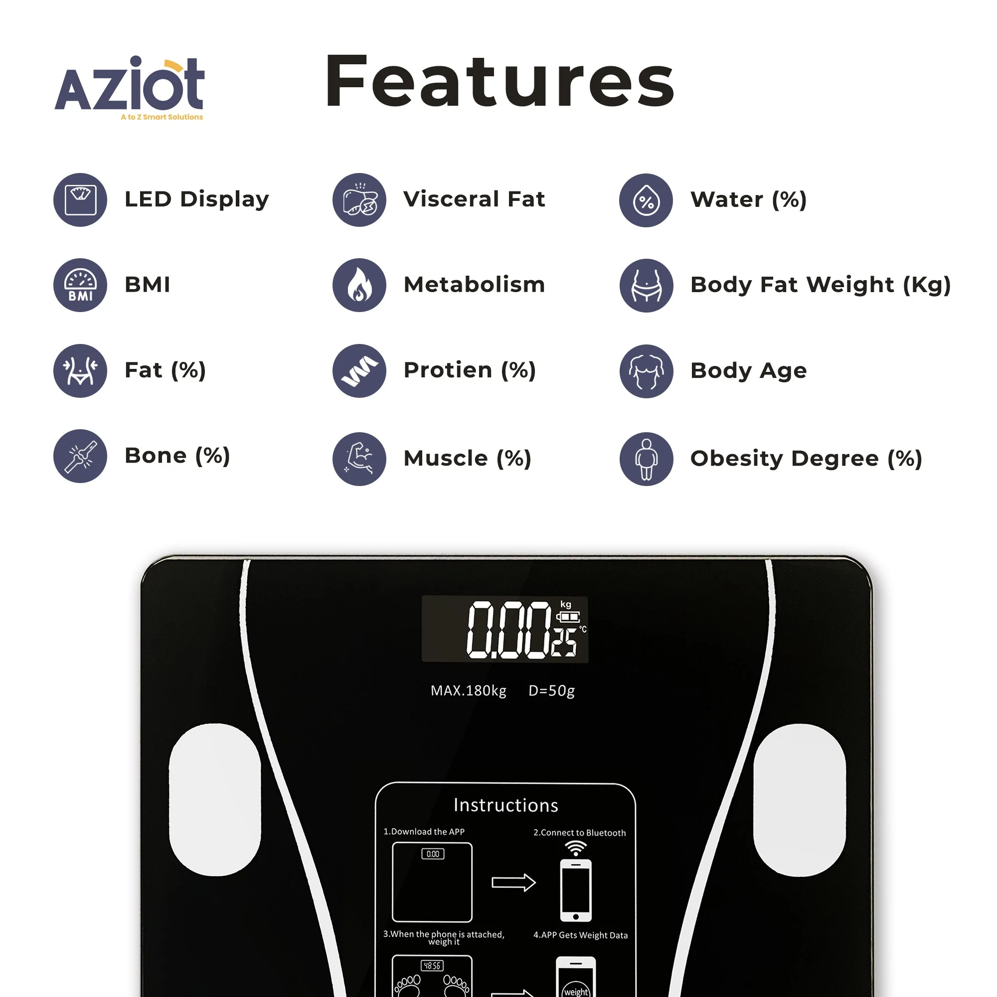Aziot Essence Smart BLE Digital Weighing Scale, body  BMI & Fat Analyzer - Image 5