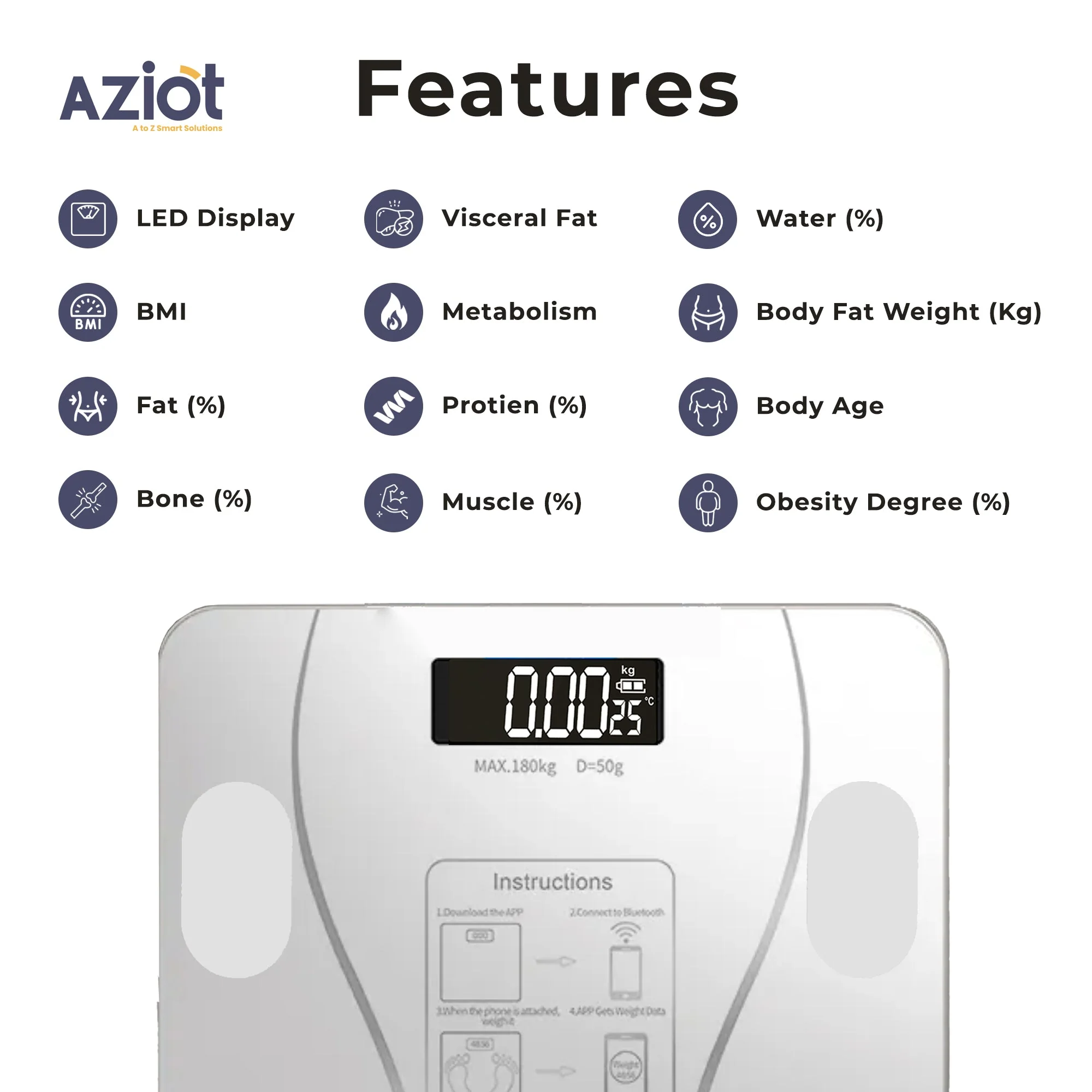 Aziot Essence Smart BLE Digital Weighing Scale, body  BMI & Fat Analyzer - Image 9
