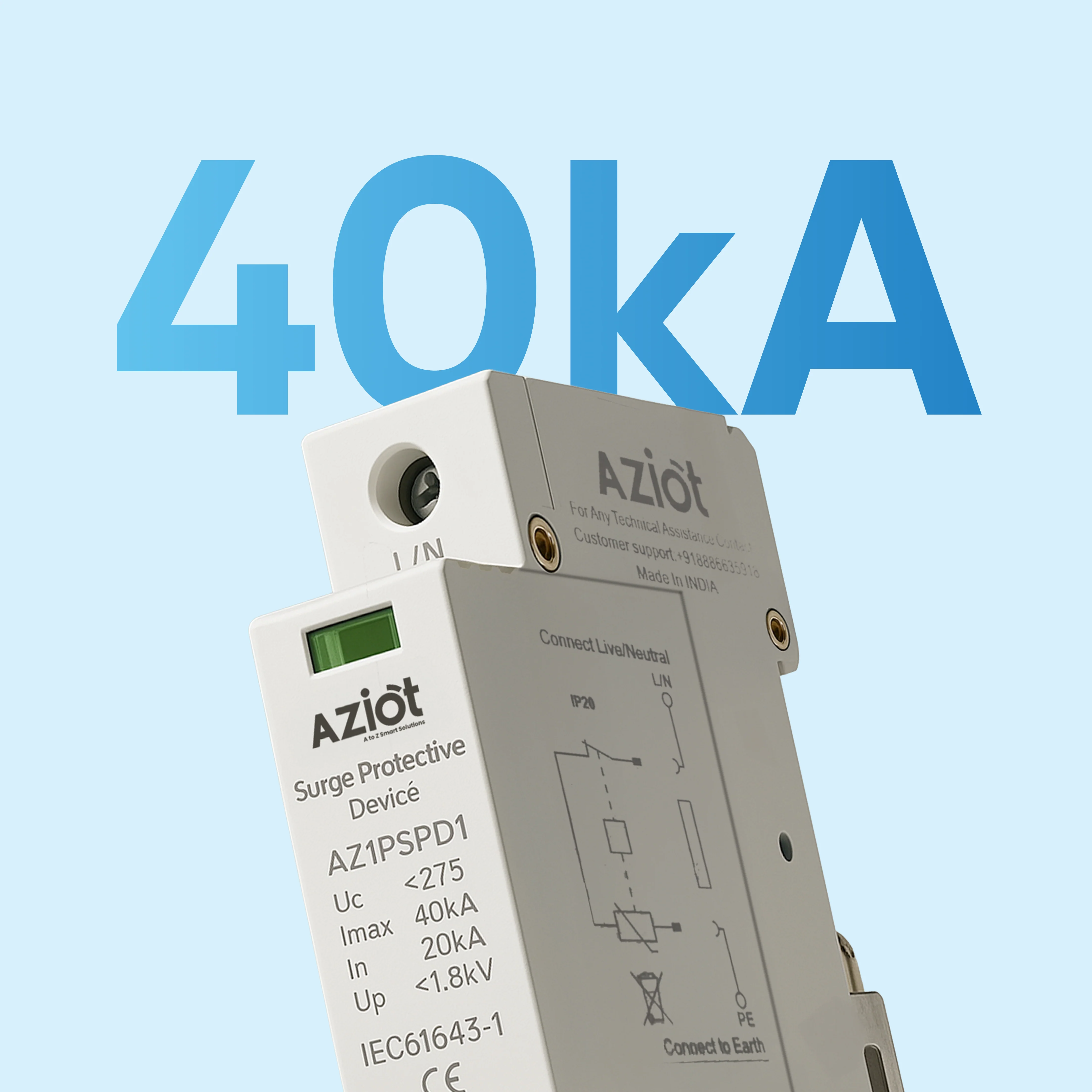 Aziot Single Phase 40kA Surge Protection Device (SPD) – Type 2 Class C Lightning Arrester for Home Panels | Line to Earth | 275V Nominal | IEC 61643-1 Compliant | DIN Rail Mount | Made in India - Image 2