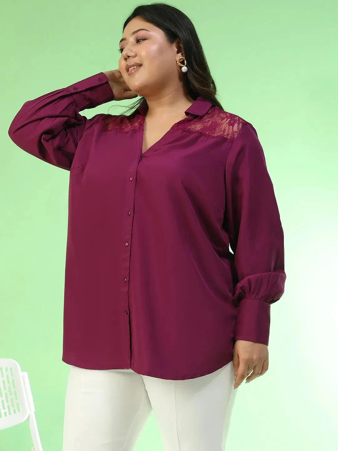 Babe Purple Collared Long Sleeve Lace Detail Button Down Plus Size Women Shirt - Image 3